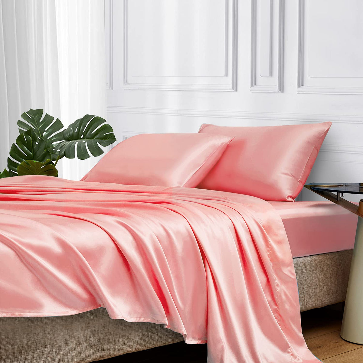 MR&HM Satin Sheets with Elastic Corner Straps, Twin Size 3-Piece Silky Bedding Set, Deep Pocket 15 Inches, Good for Hair & Skin (Twin, Black)