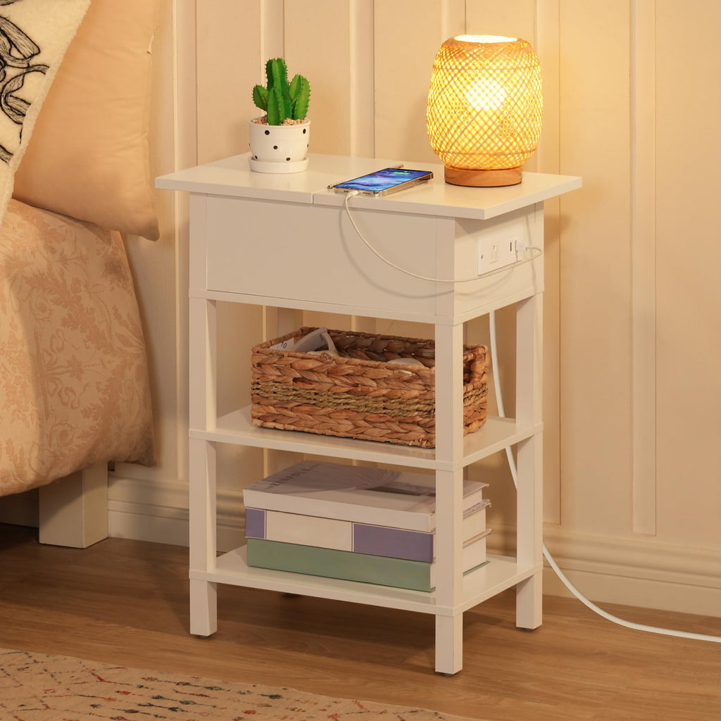 HOOBRO End Table with Charging Station, Flip Top Side Table with USB Ports, Narrow Nightstand Bedside Tables with Storage Shelves, for Small Space, Living Room, Black BK141UBZ01