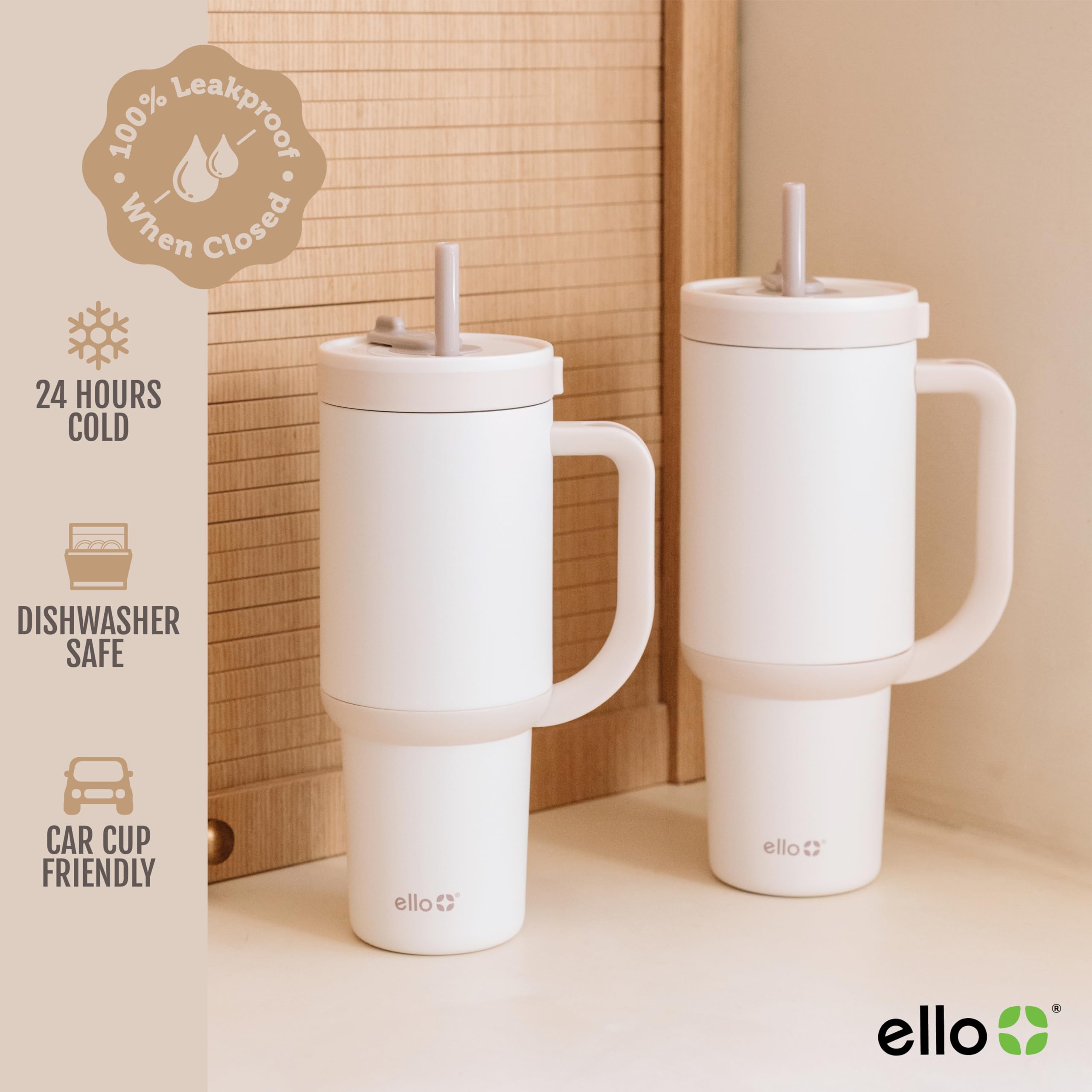 Ello Oasis 24 oz Tumbler with Handle & Retracting Straw | Reusable Insulated Stainless Steel Cup 100% Leakproof, Gifts for Teens Women Men | Keeps cold for 24 Hours, Cup Holder Friendly, Cream Tonal