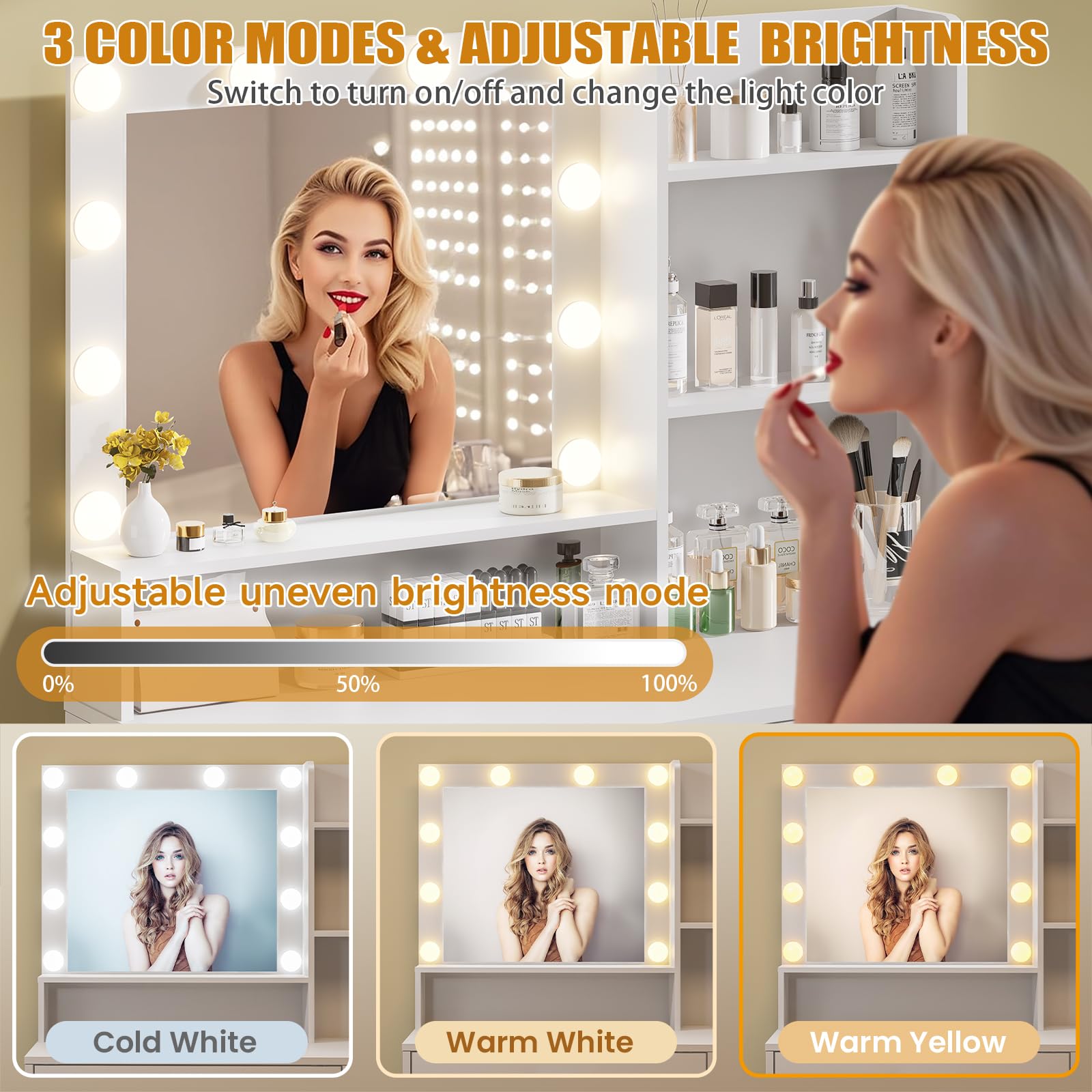 Vanity Desk with Lighted Mirror, Black Vanity with 4 Drawers,Makeup Vanity with Storage Shelves and Power Outlet,10 Lights with 3 Color Modes Brightness Adjustable for Girls’ Bedroom (Black)