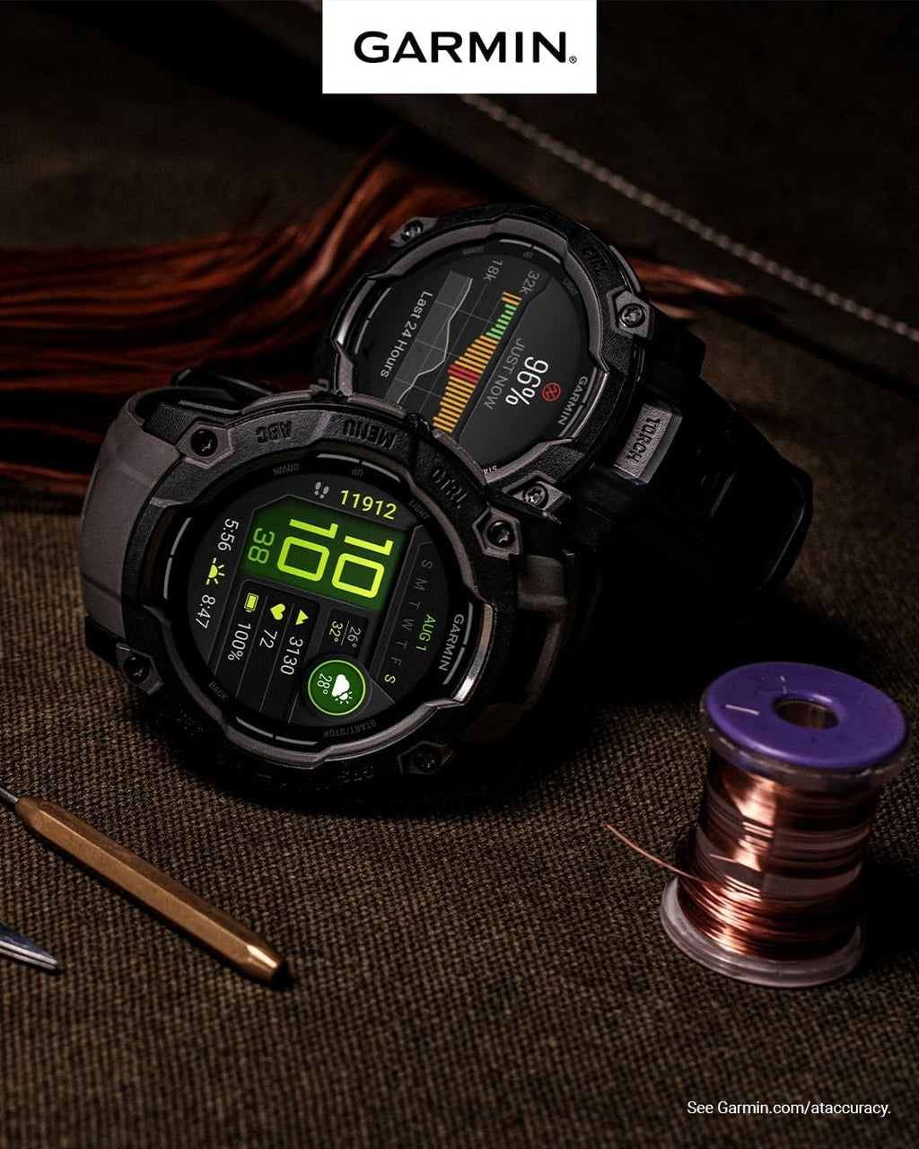 Garmin Instinct 3 50mm, Solar Charged Display, Rugged Outdoor GPS Smartwatch, Metal-Reinforced Bezel, Built-in Flashlight, Charcoal (010-02935-00) with Earbuds Bundle