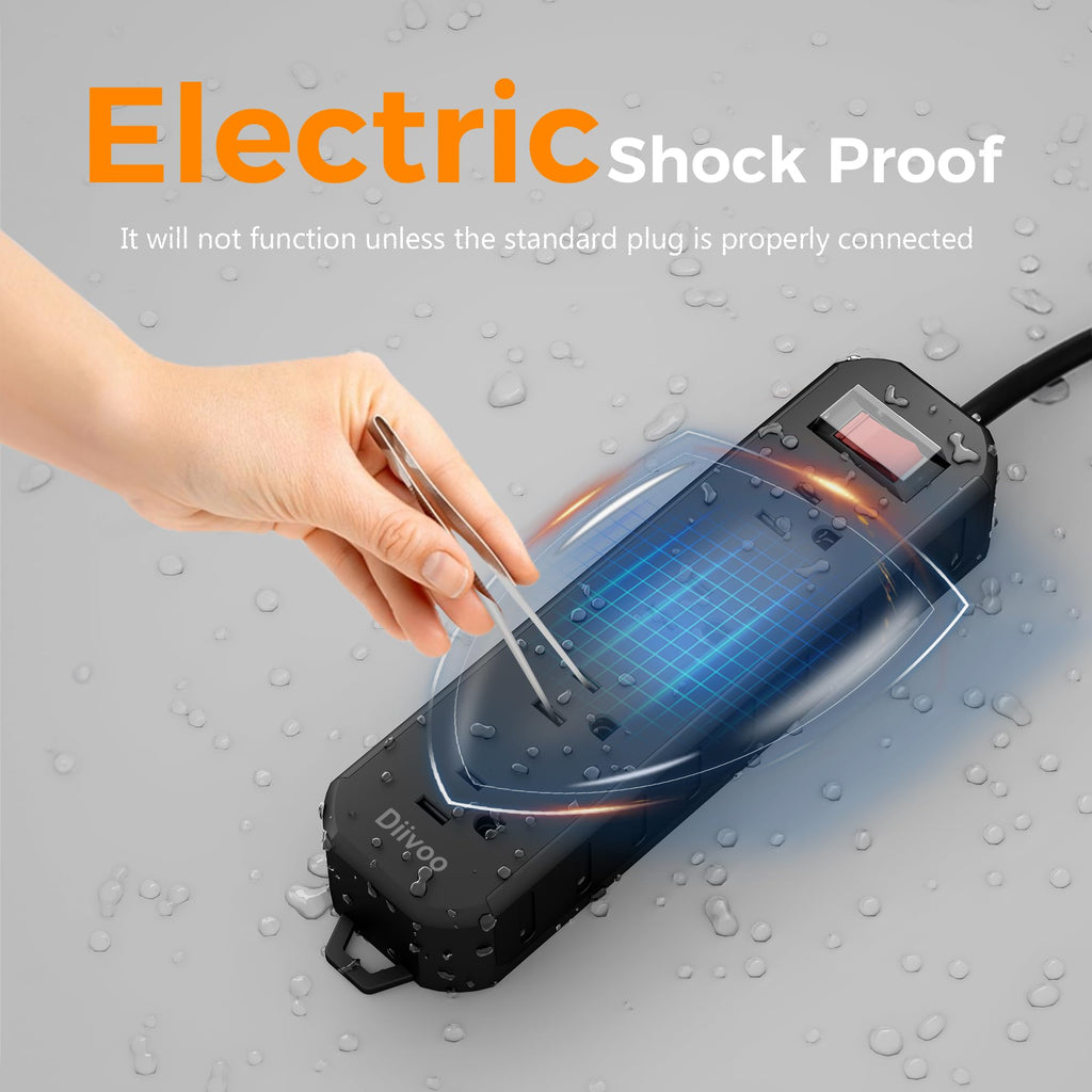 Outdoor Power Strip Weatherproof, 25 FT Extension Cord, Diivoo Waterproof Surge Protector with 4 Outlets 1250W Shockproof Overload Protection, Flat Plug, Black