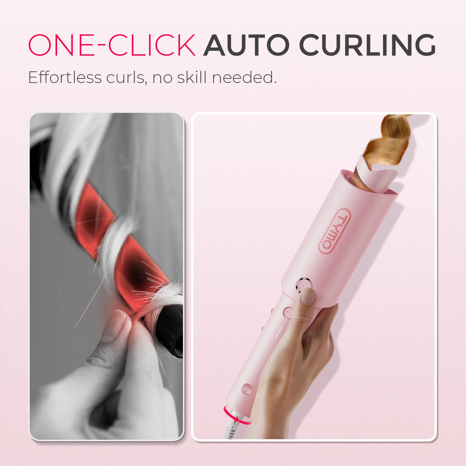 TYMO Automatic Rotating Curling Iron - TYMO CURLPRO Beach Waves Curling Wand, Portable Hair Curler, 500 Million Ionic, Dual Voltage & Lightweight for Travel, Ceramic Coating, 1 Inch, Pink