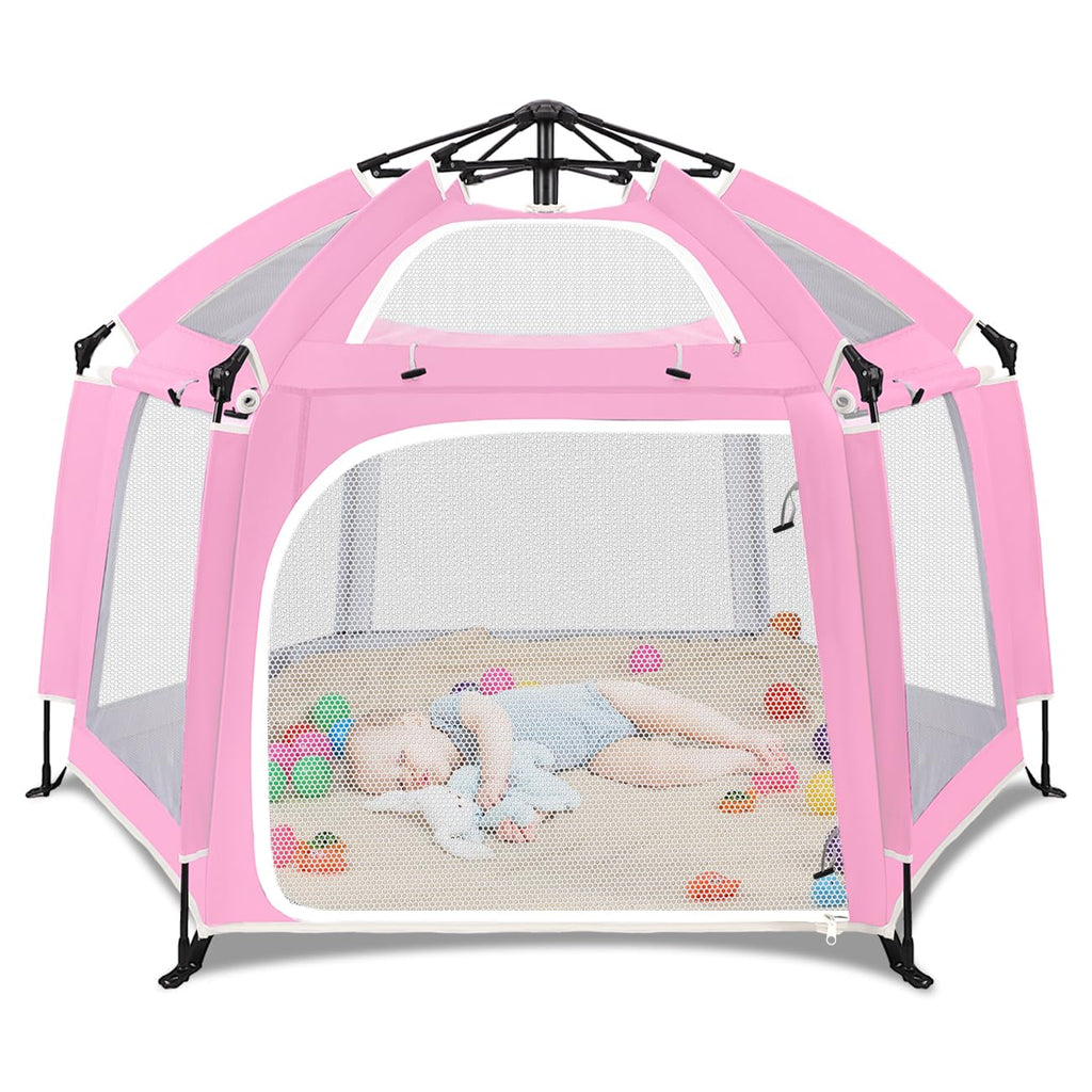 Pop Up Playpen for Baby, Portable Playpen for Babies and Toddlers with Removable Sun-Shades& 2 Side UV Covers, Lightweight Outdoor Baby Play-Pen for Beach Home with Travel Bag, Beige