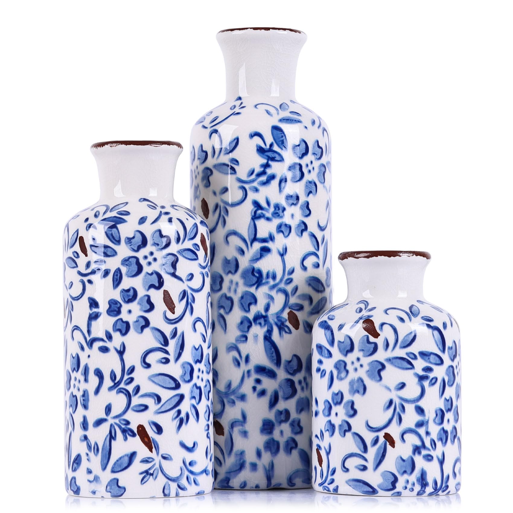 Ceramic Vase Set - 3 Ceramic Small Vases, Farmhouse Country Flower Vase Home Decor, Living Room Decoration, Table Decoration, Fireplace Decor, and Entrance Decorations Centerpieces