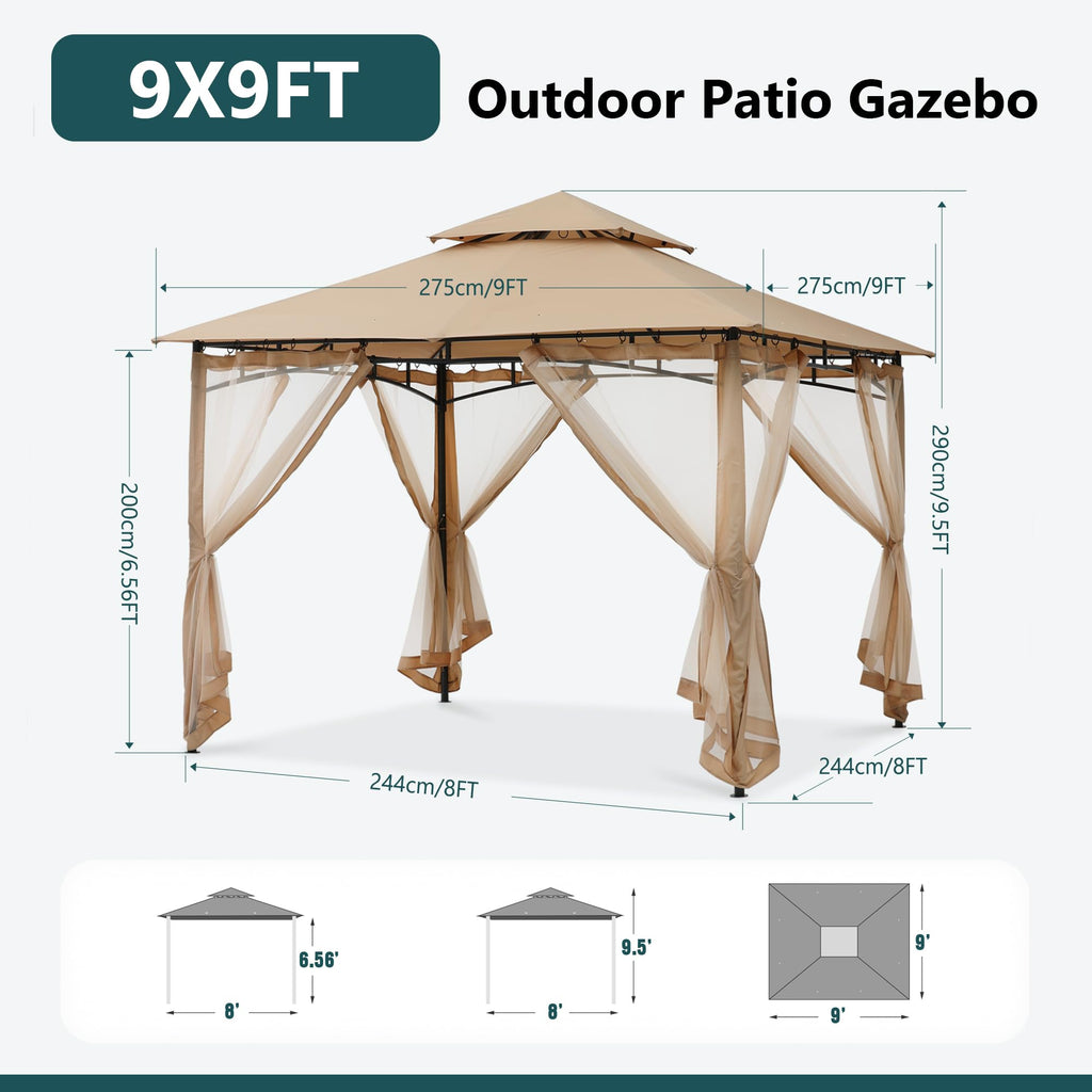 MASTERCANOPY Outdoor Garden Gazebo for Patios with Stable Steel Frame and Netting Walls (9x9,Beige)