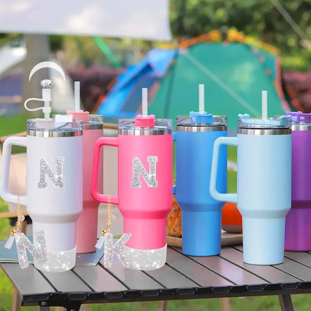 Mity rain Accessories Set for Stanley Cup, Initials Decorations for Tumbler Cup 30/40OZ, Including Diamond Straw Topper/Spill Proof Stopper/Sparkly Silicone Boot Set/Letter Charms for Handle A-Z (A-)
