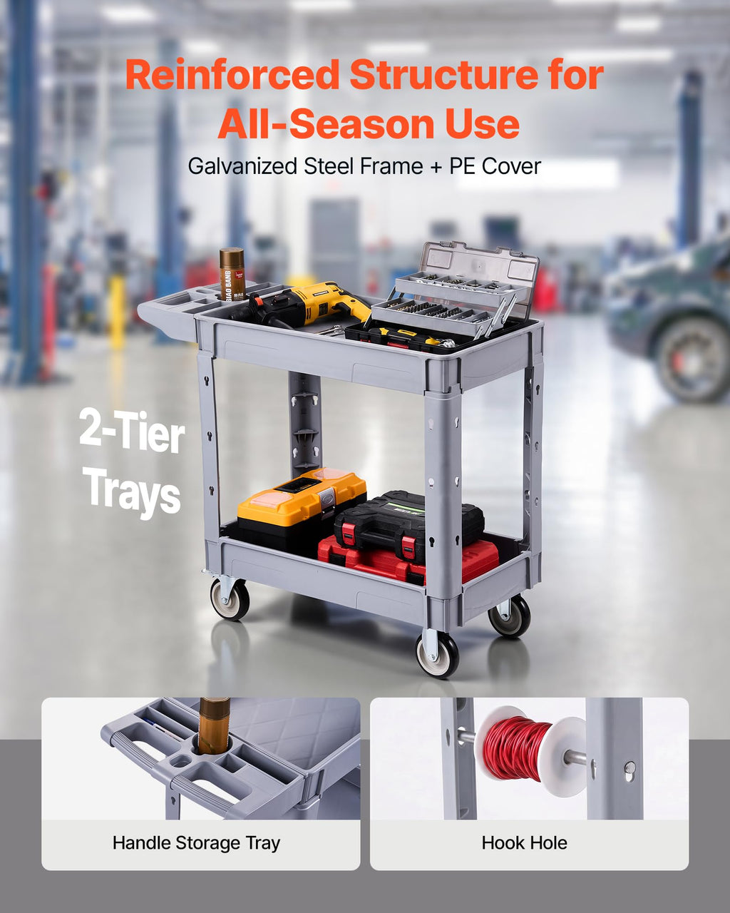 VEVOR Utility Service Cart, 2 Shelf 550LBS Heavy Duty Plastic Rolling Utility Cart, Medium Lipped Shelf, 360° Swivel Wheels, Ergonomic Storage Handle for Warehouse Garage, Black | Heavy Duty Rolling Cart with 360° Swivel Wheels, Medium Lipped Shelf, Ergon