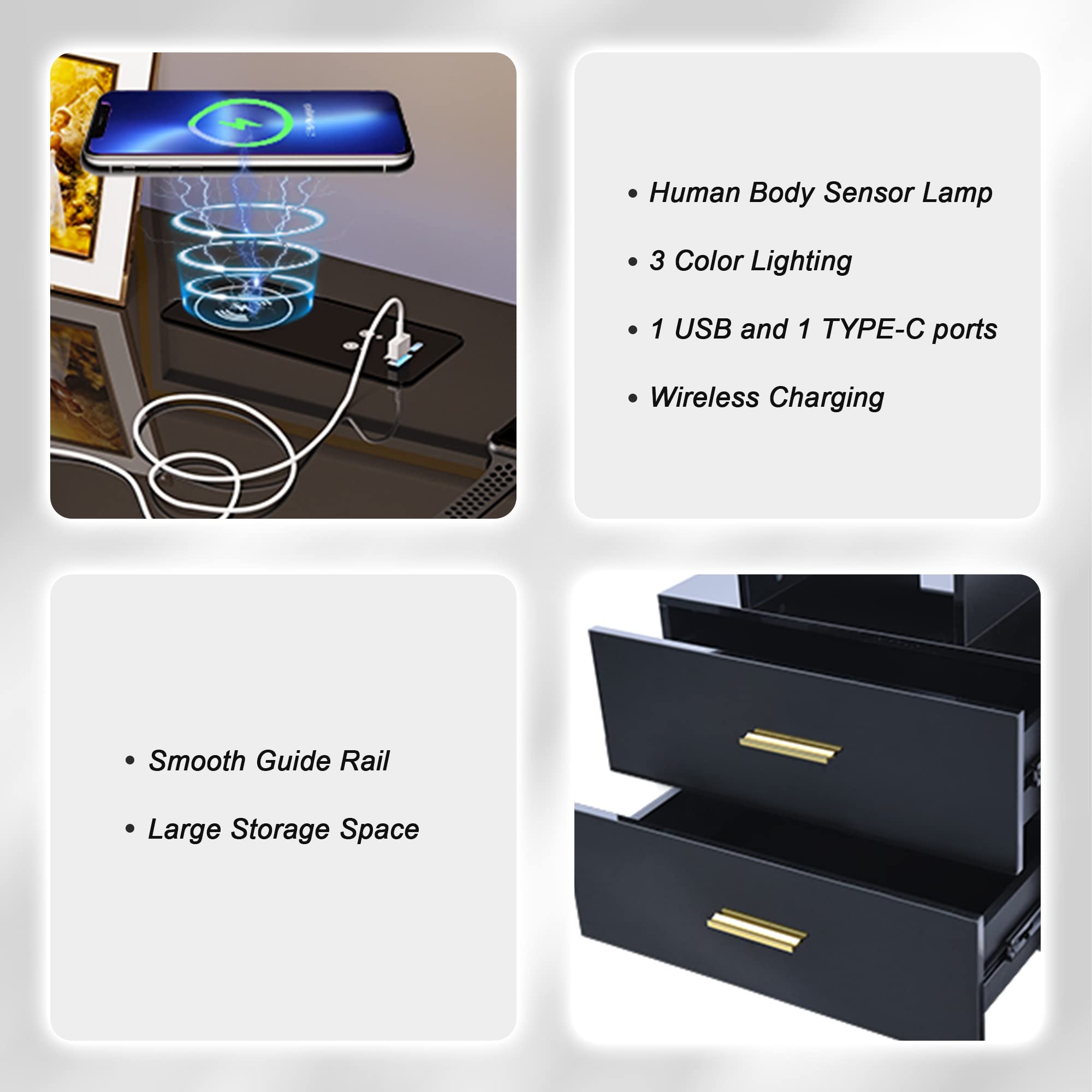 HNEBC LED Nightstand with Charging Station,Smart Bedside Table with Motion Sensor Lights,3 Drawers,Tempered Glass Top,High Gloss End Table with 3 Color Lights for Bedroom, Living Room,Office-Black