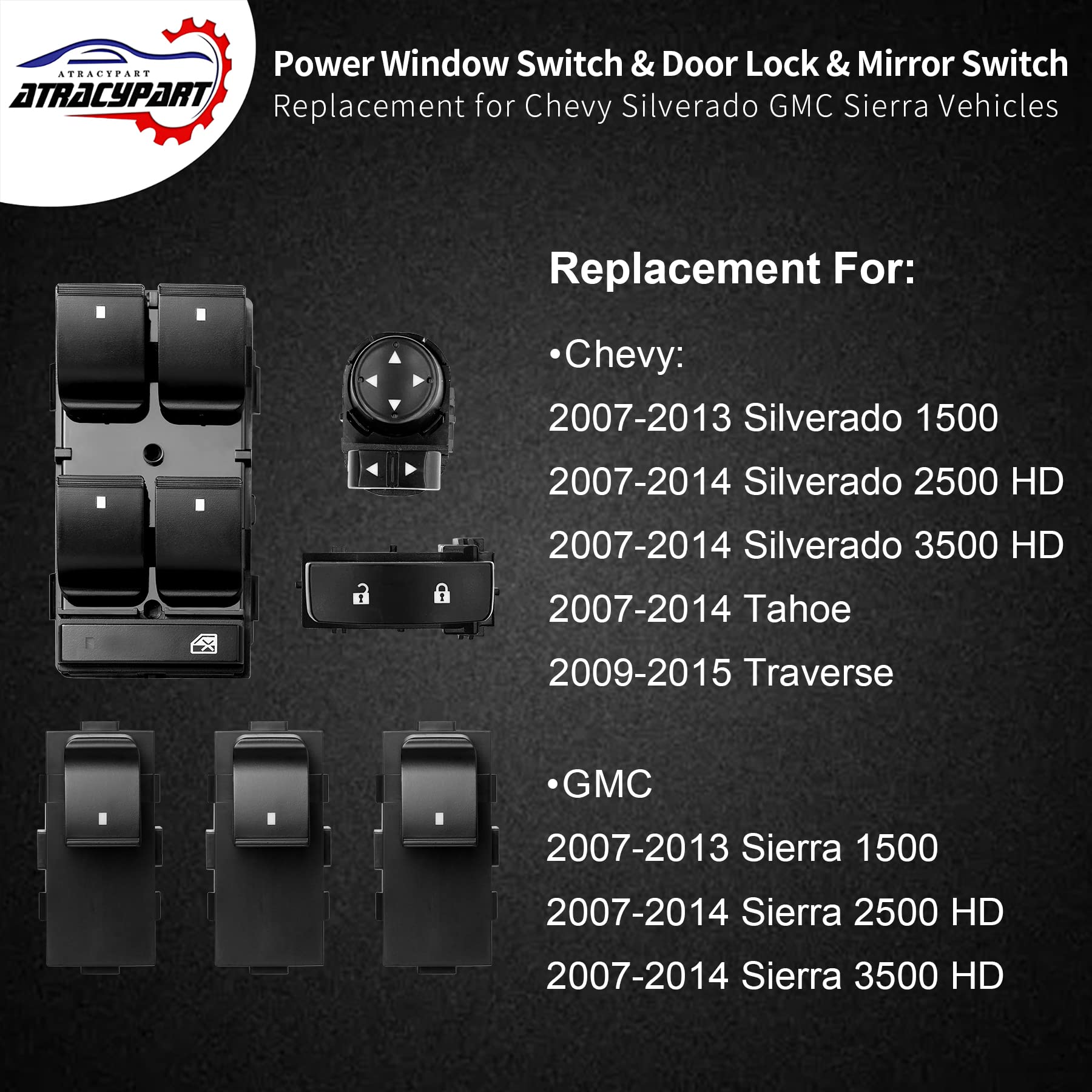 Power Window Switch Passenger Front Right, Rear Left or Right | Window Buttons | Fits GMC Acadia, Sierra, Chevy Silverado, Tahoe & More Year Model 2006-2015 | #22895545, 15888174
