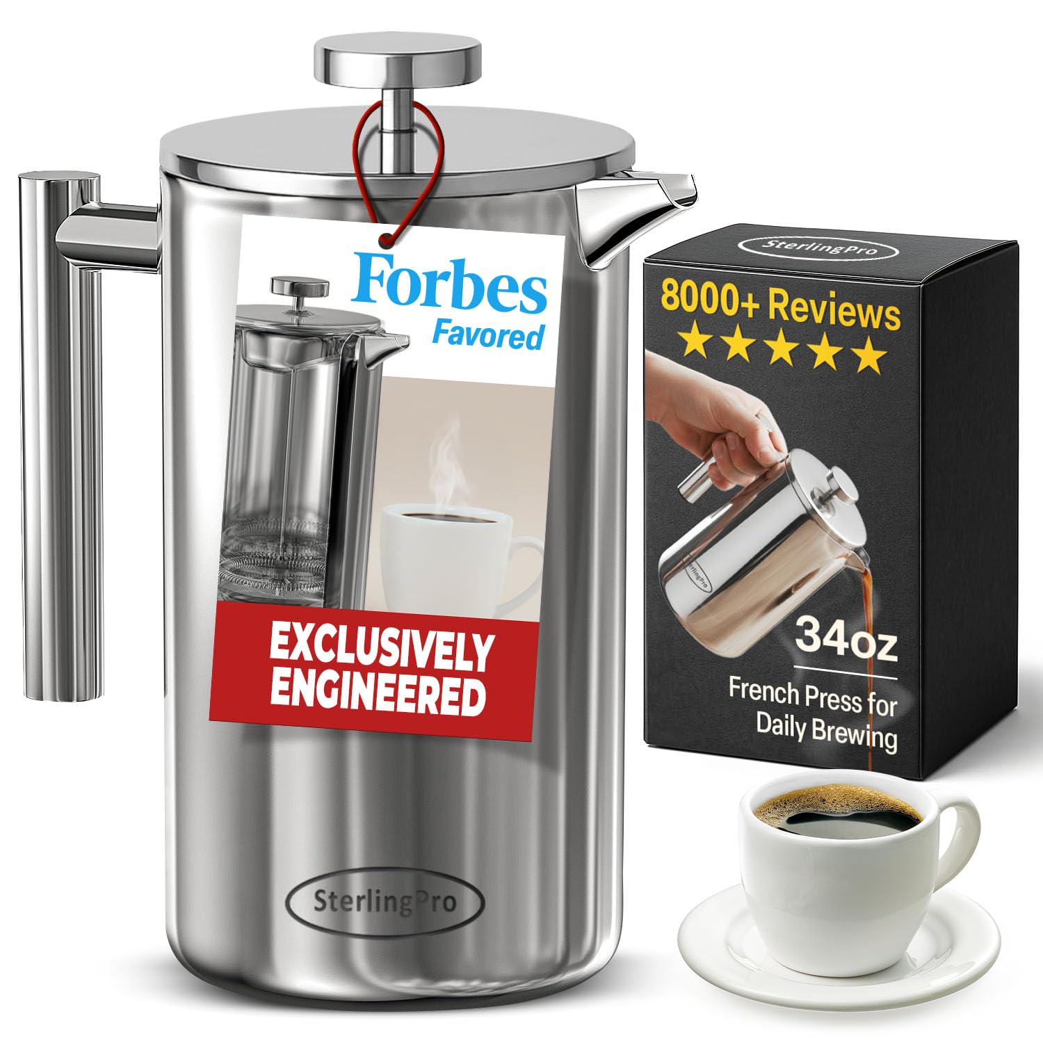SterlingPro Stainless Steel French Press Coffee Maker 1 L (34 oz) Black – Double Walled Insulated Large Coffee Press, Durable Design Keeps Drinks Hot, Easy to Use and Clean for Rich Flavor Brewing