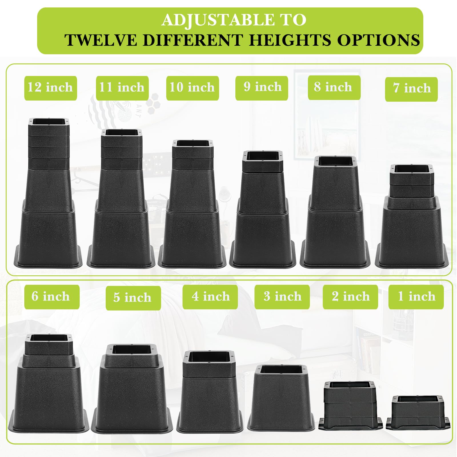 12 Pack Furniture Risers 1 Inch, Adjustable Bed Risers Heavy Duty for Table Desk Couch Chair Sofa Cabinet Bed Frame Dorm, Square Stackable Table Leg Risers Lift Height 1", 2" or 3", Black