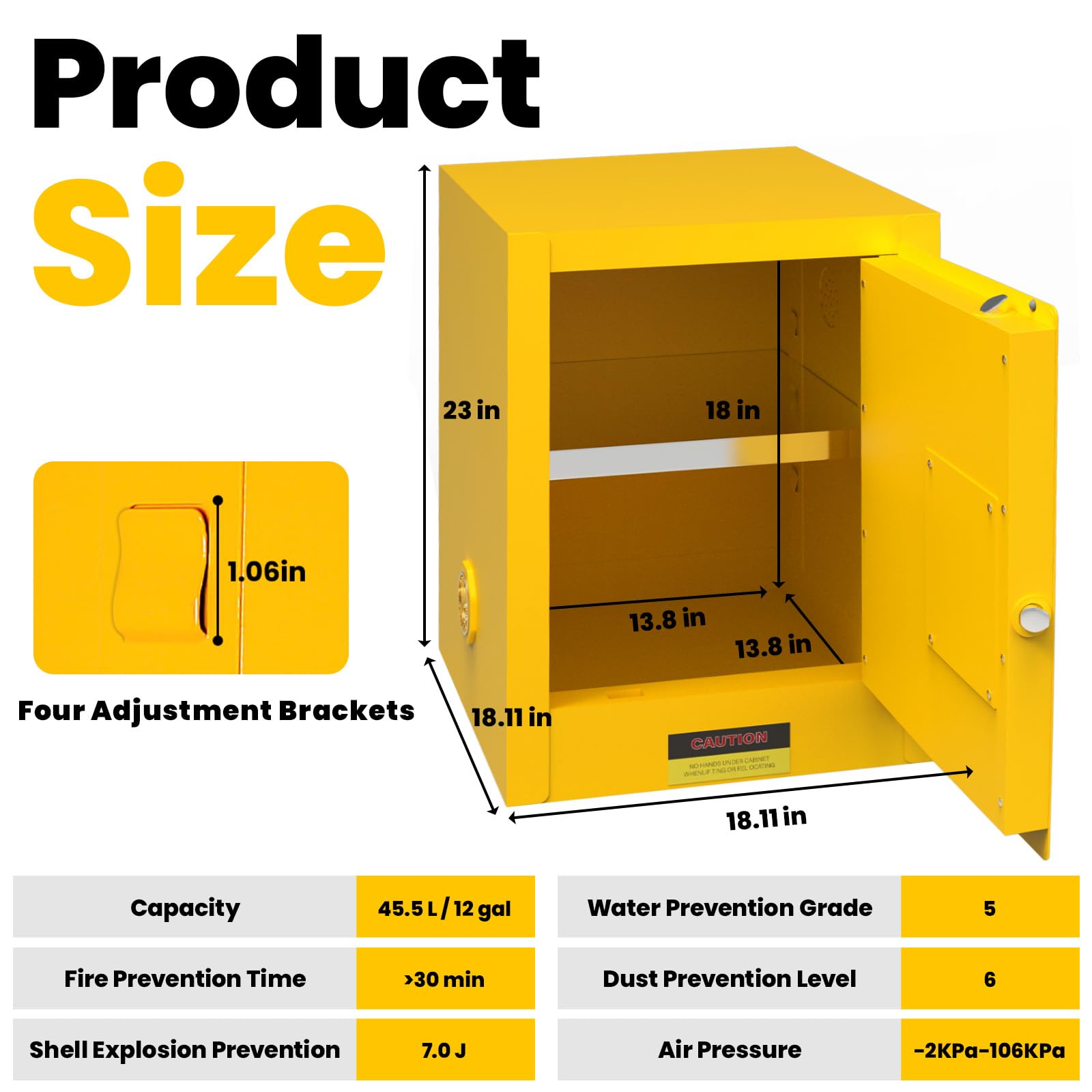 16 Gallon Flammable Storage Cabinet 18"x18"x23", Galvanized Steel, Flammable Safety Cabinet with Adjustable Shelf, for Industrial and Home Use, Yellow