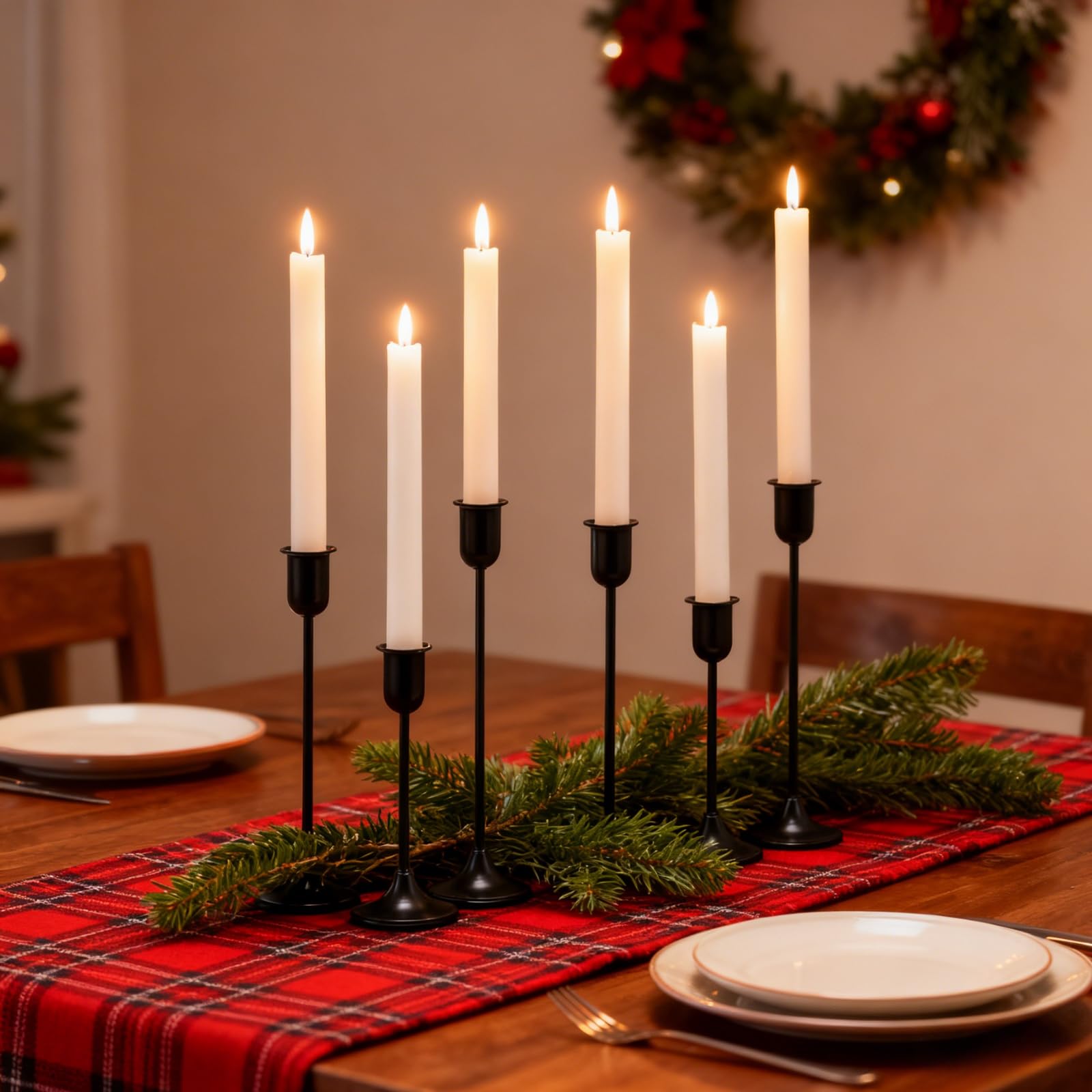 Black Hurricane Glass Candle Holders Set of 3, Tall Metal Taper Candle Stick Holder, Clear Candlestick Holders, Table Centerpieces Decor for Dining Dinner, Weddings, Christmas Fireplace Decorations