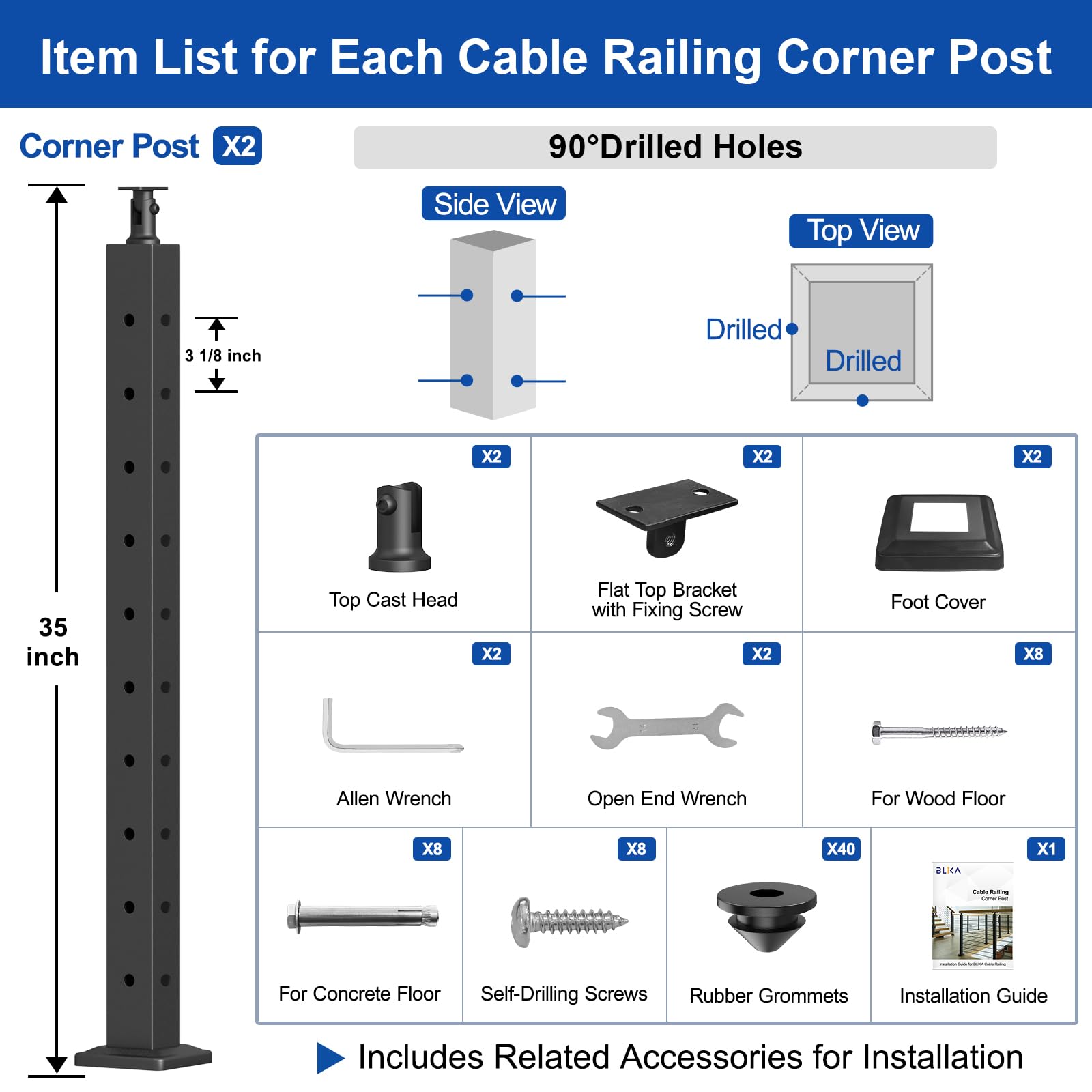 BLIKA 36" Cable Railing Corner Post, 304 Stainless Steel, 2-Side Drilled Adjustable Top Corner Post, Surface Mount Matte Black Cable Railing System Corner Post