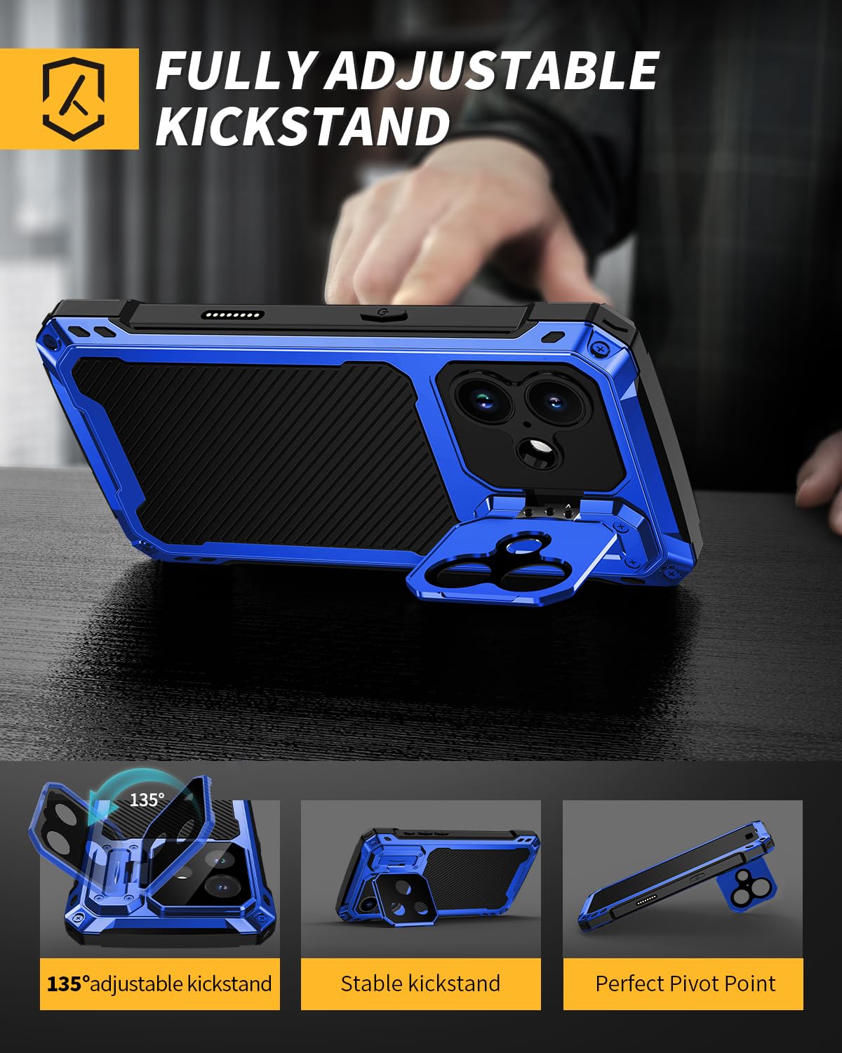Lanhiem for iPhone 16 Metal Case with Camera Cover & Stand [Compatible with MagSafe] [Built-in Kickstand] [Military-Grade Protection] Heavy Duty Rugged Magnetic Phone Case, Black