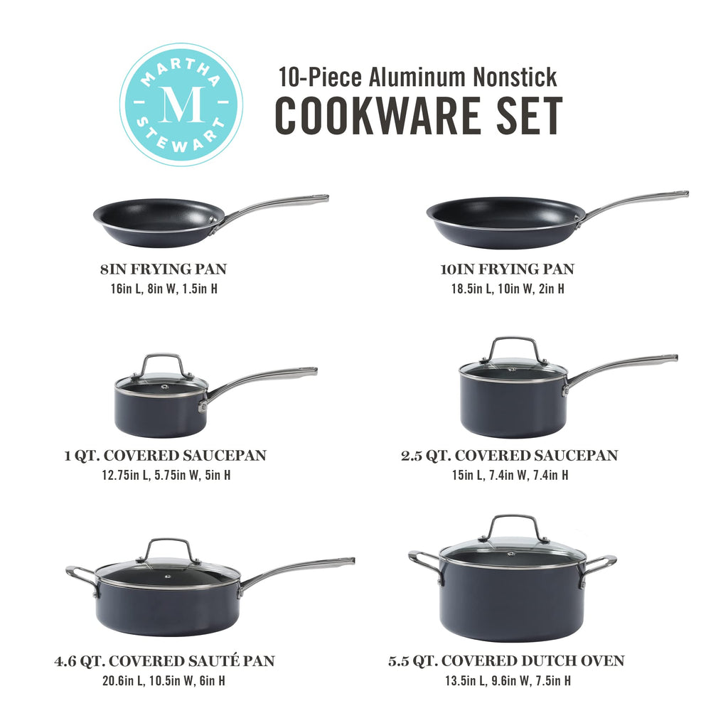 Martha Stewart Lockton Premium Nonstick PFA Free Ceramic Interior 10 Piece Enamel Heavy Gauge Aluminum Pots and Pans Cookware Set - Butter Cream