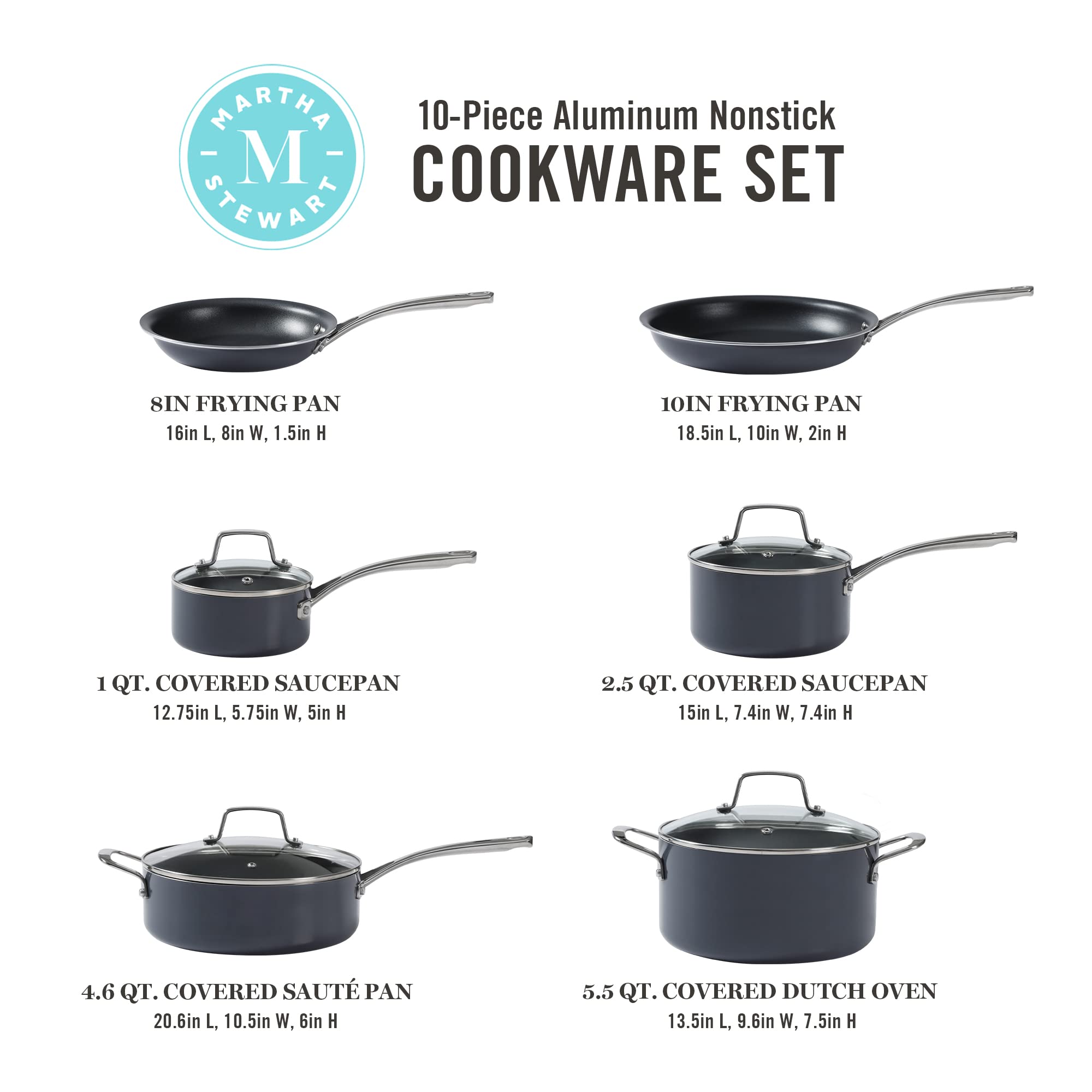 Martha Stewart Lockton Premium Nonstick PFA Free Ceramic Interior 10 Piece Enamel Heavy Gauge Aluminum Pots and Pans Cookware Set - Butter Cream