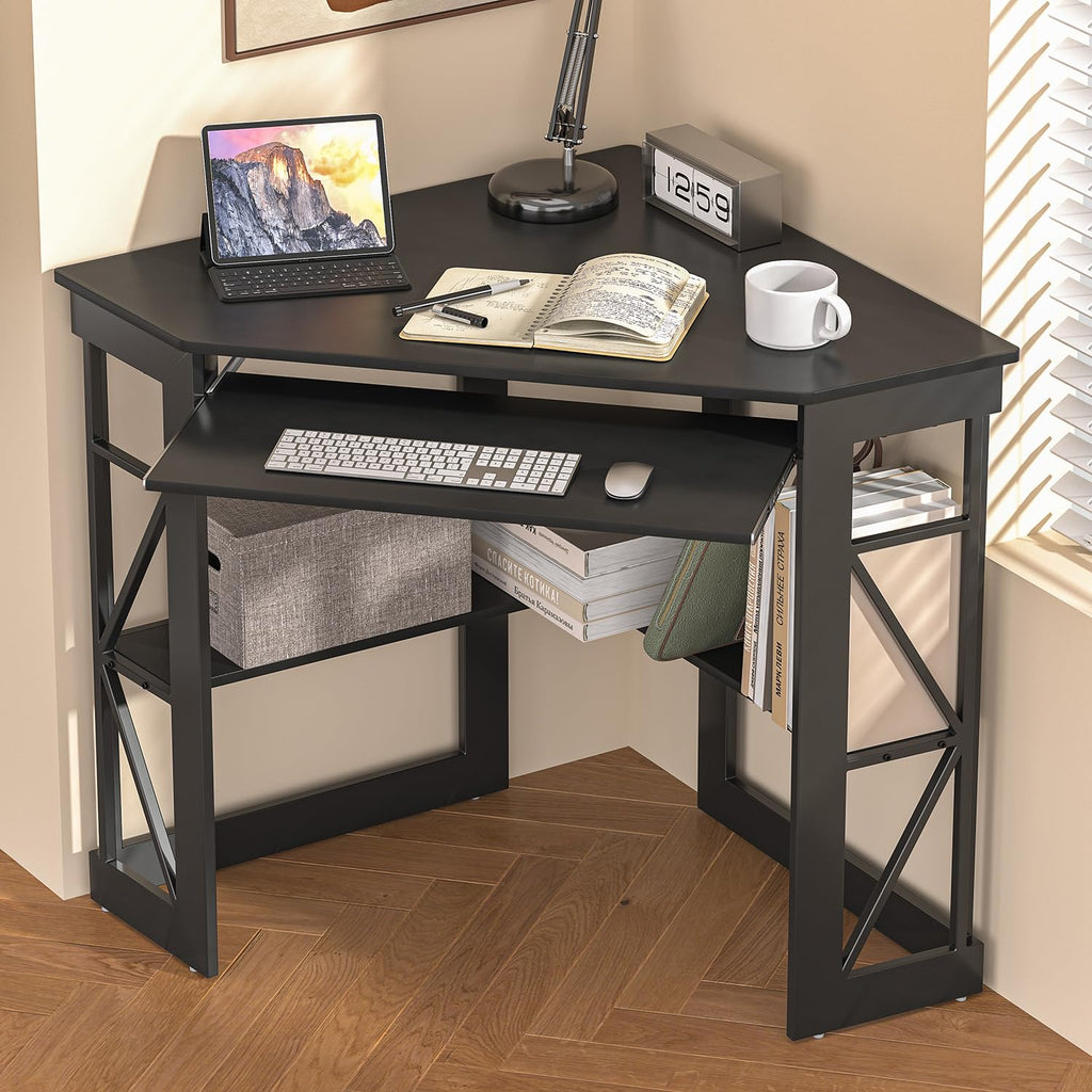 VECELO Corner Desk Computer Desk Writing Table with Smooth Keyboard Tray & Storage Shelves,Compact Home Office Triangle Table,Antique Brown