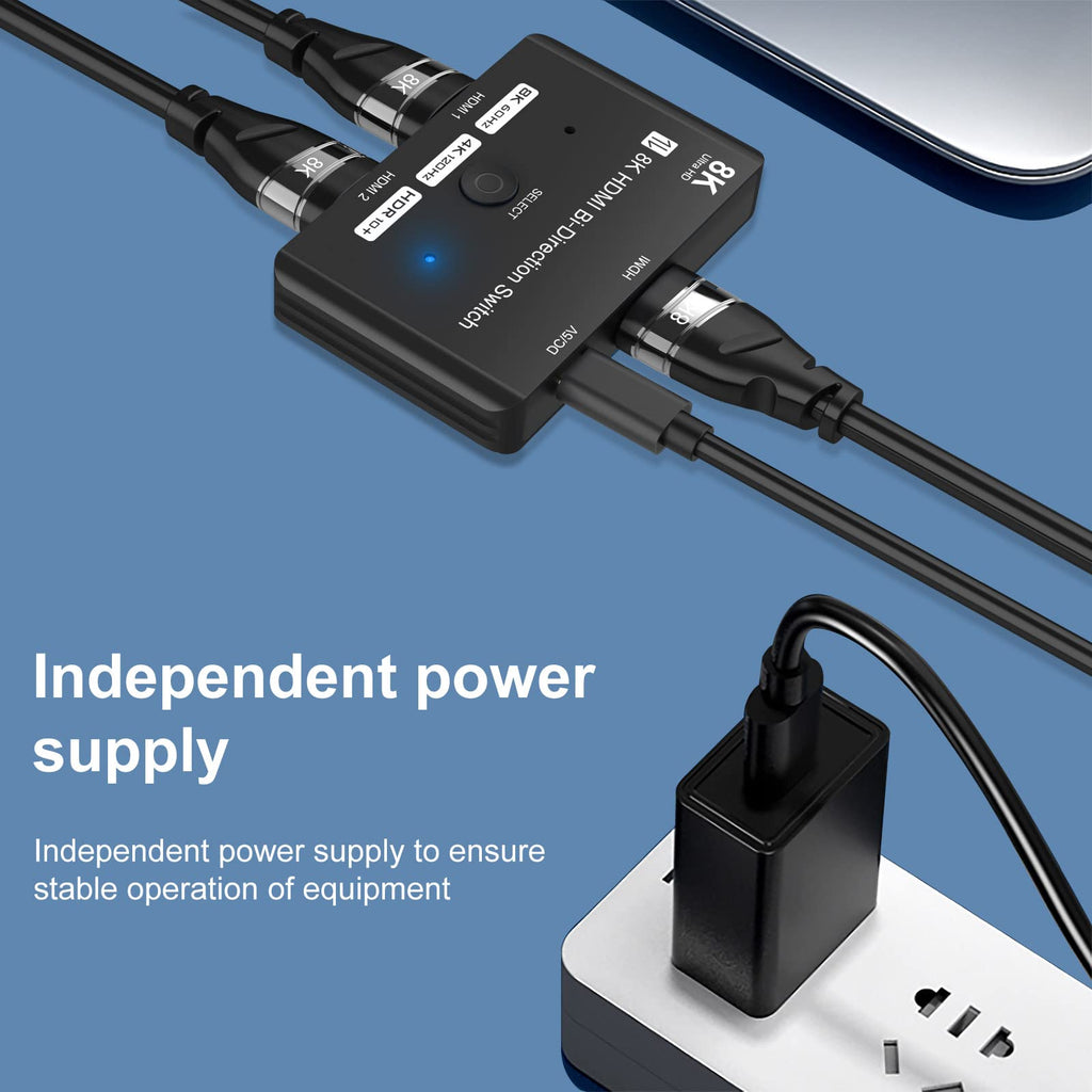 HDMI 2.1 Bi-Directional Switch Ultra HD 8K HDMI Switcher 2 in 1 Out/ 1 in 2 Out HDMI Switch Supports 8K@60Hz/ 4K@120Hz 48Gbps Compatible with Switch/Switch OLED PS5/4 Xbox Roku Apple TV Fire TV Stick