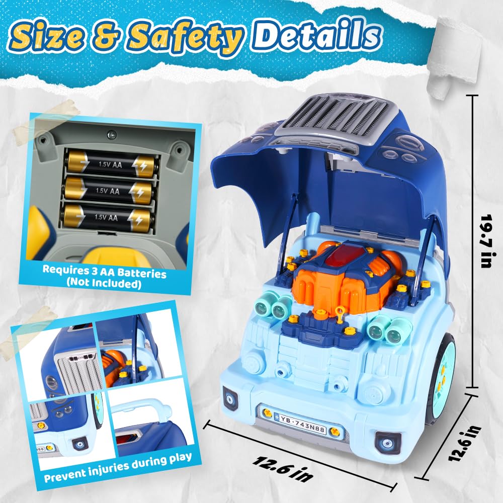 POFJOEQ Interactive Truck Engine Toy with Removable Parts - Lights, Sounds, and Fun for Young Mechanics -Unleash Their Creativity and Motor Skills with This Truck Engine Toy (Bule)