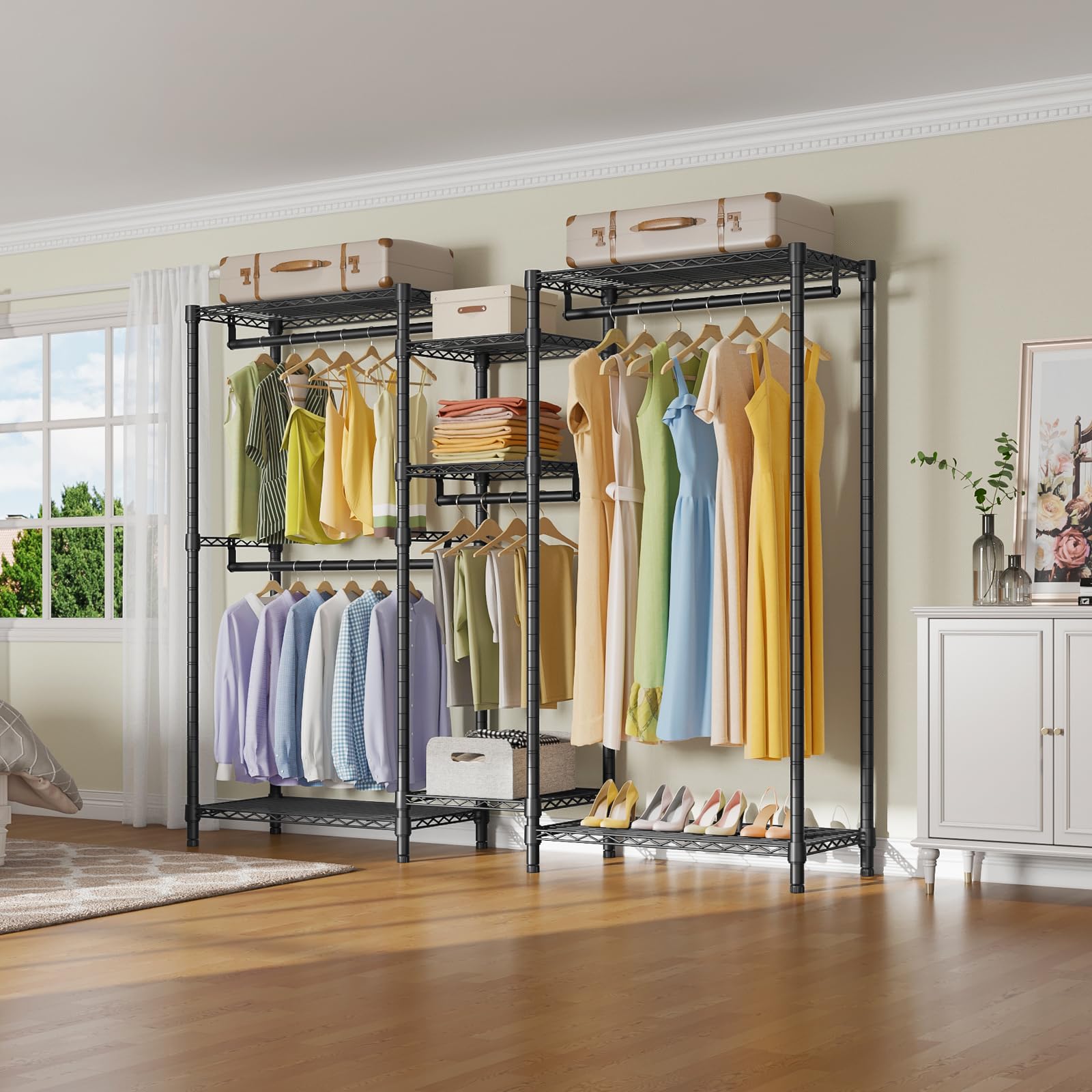 VIPEK Classic V6 Heavy Duty Clothes Rack, 7-Tier Garment Rack with Adjustable Shelves, Portable Closet Organizer with 4 Hanging Rods, Space-Saving, 850lbs Capacity, 68.9" L x 15.7" W x 76.4" H, Black
