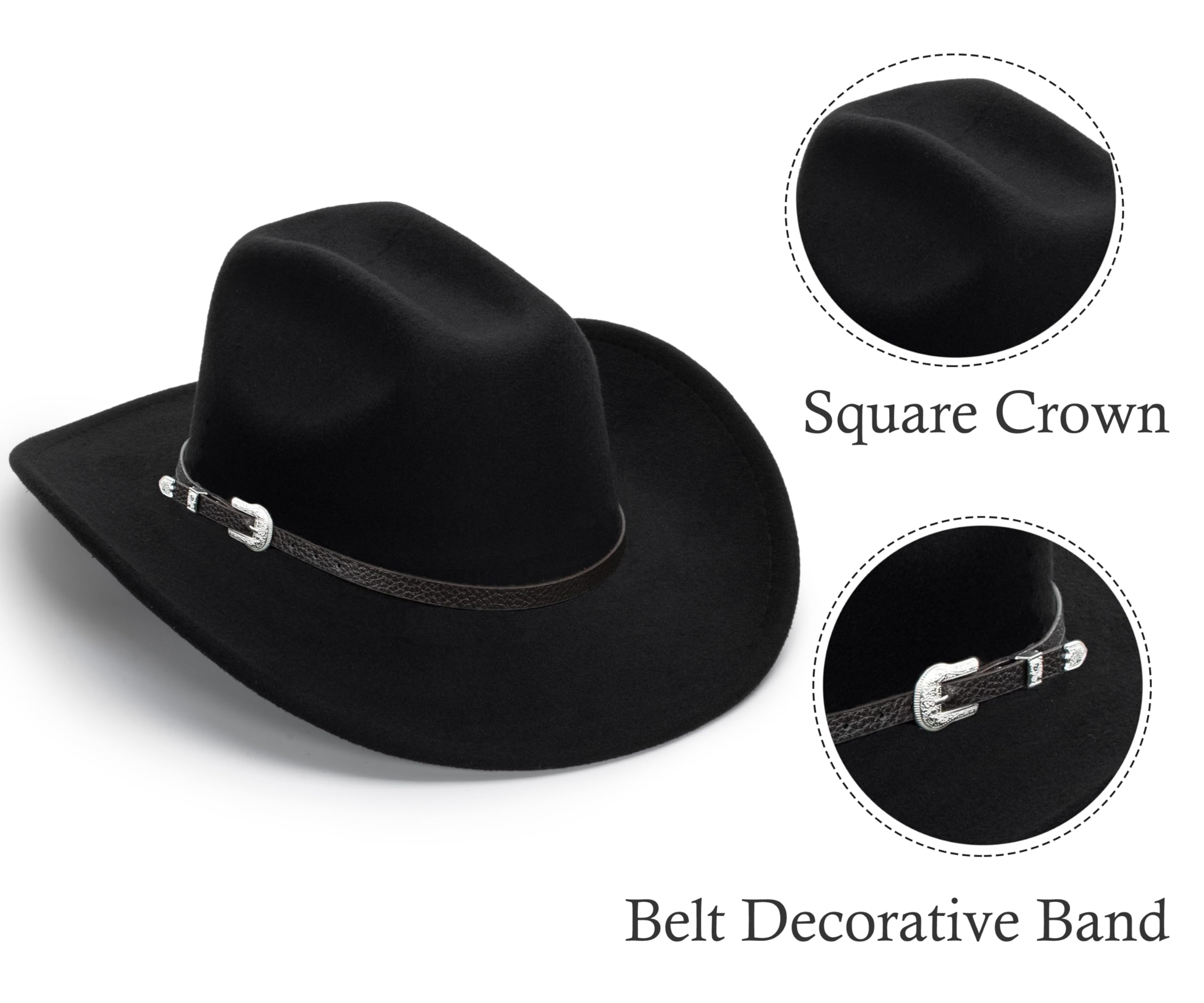 Eohak Womens Western Cowboy Hats Studded Pinched Western Cowgirl Hats Wide Brim Fedoras Hat with Belt Buckle (Size:Medium)