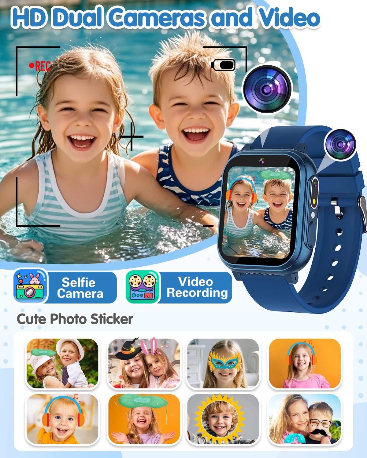 Kids Waterproof Smart Watch Boys Toys Age 5-12 with 32 Games, Dual Camera, Habit Tracking, Music Player, Video, Alarm Clock, HD Touchscreen Watch for Kids Birthday Gift for 3-12 Years Old Boys(Black)