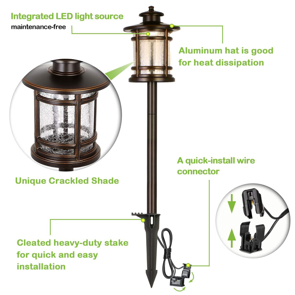 hykolity Low Voltage ORB LED Landscape Path Light with Crackled Glass Shade, 3.4W 155LM 12V-15V Wired Outdoor LED Walkway Light, Die-cast Aluminum Construction, 30-Watt Equivalent, 6 Pack