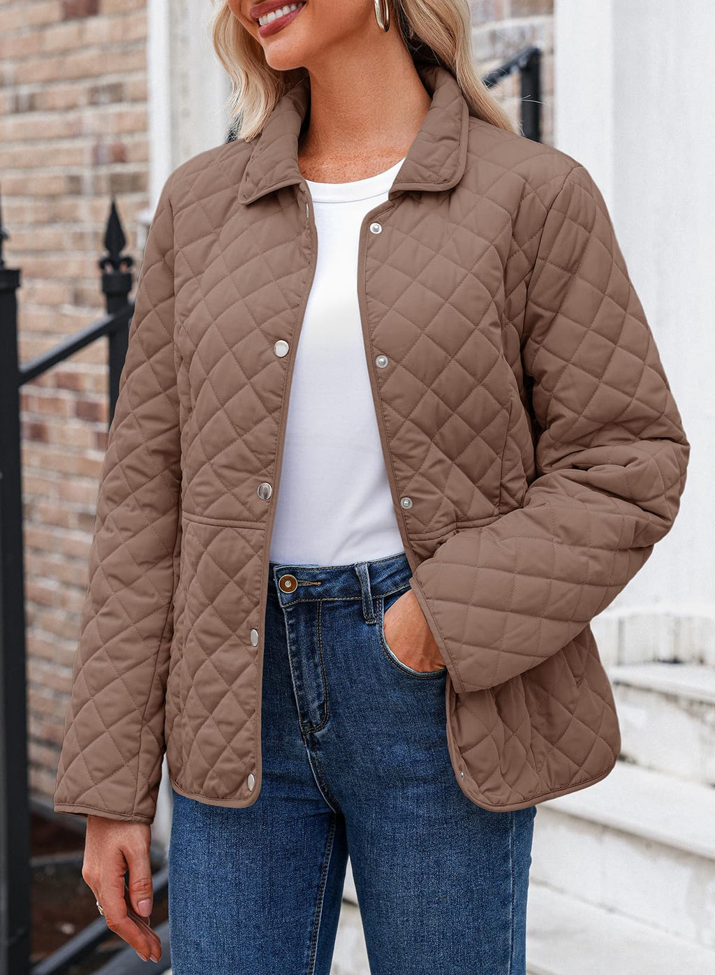 Dokotoo Women's Winter Quilted Jackets Long Sleeve Button Down Diamond Puffer Jacket Outerwear Coats with Pockets