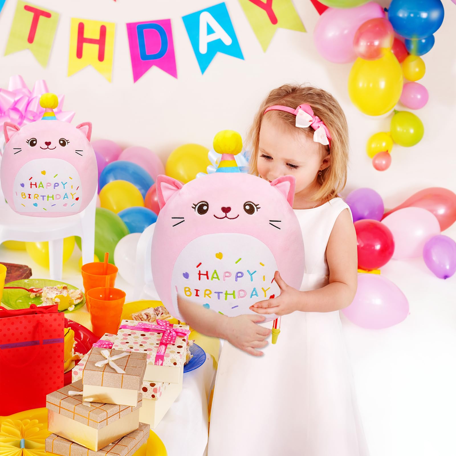LICSOR Cat Plush Toy 14 Inch Cute Unicorn Birthday Stuffed Animal Soft Cat Plushies Pillow Pink Doll Gifts for Kid Toddlers Home Room Decoration
