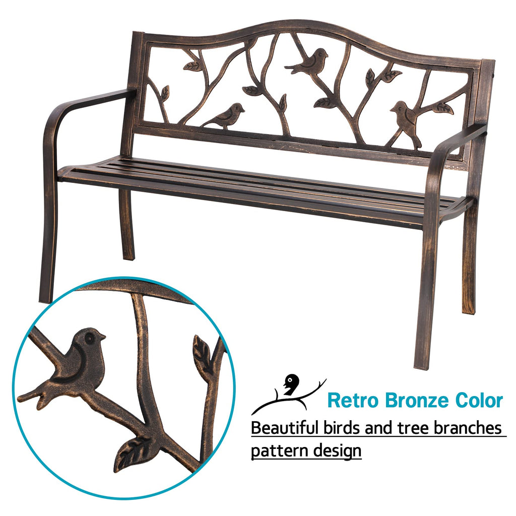 MFSTUDIO 50 Inches Outdoor Garden Bench, Cast Iron Metal Frame Patio Park Bench with Floral Pattern Backrest, Arch Legs for Porch Lawn Garden Yard(Black)