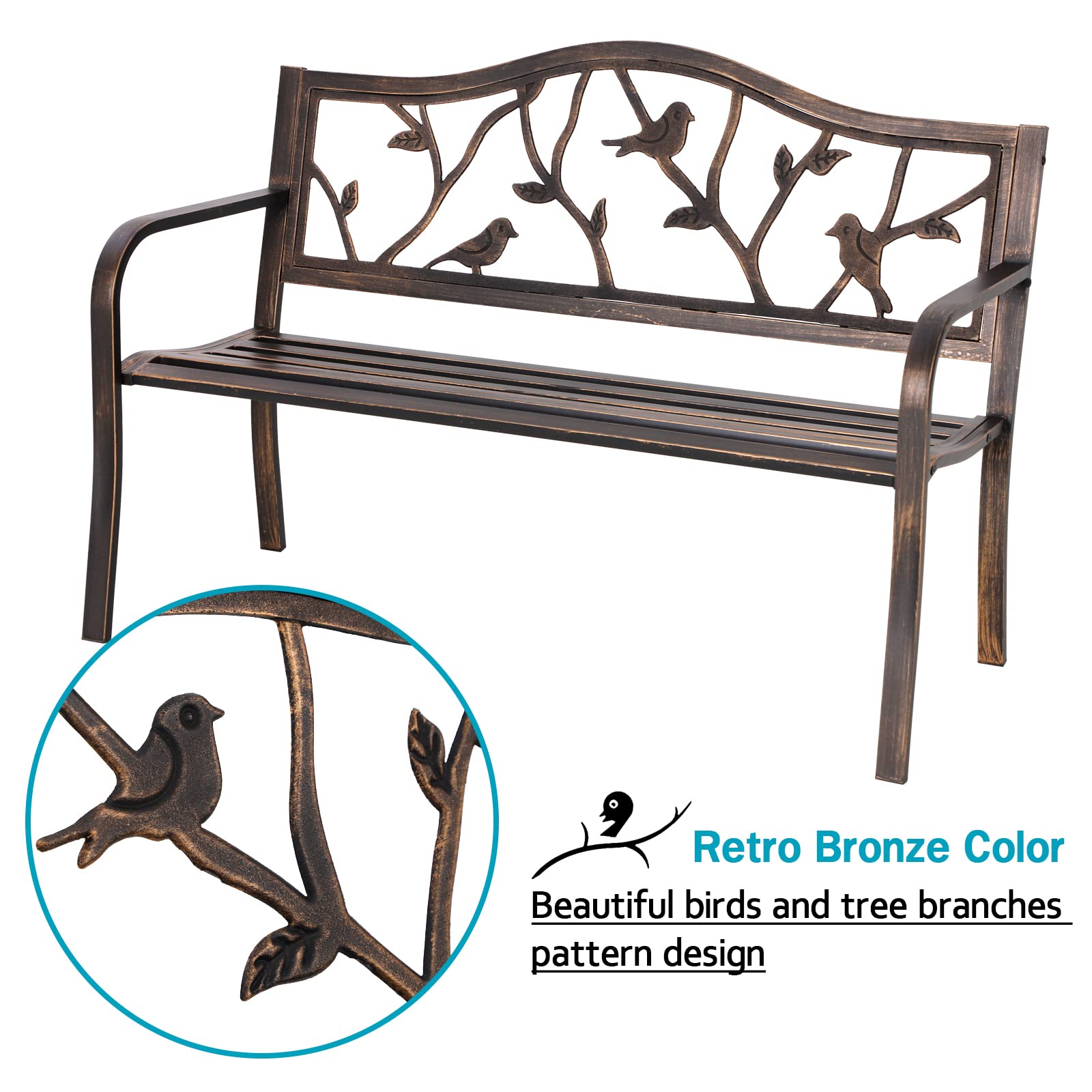 MFSTUDIO 50 Inches Outdoor Garden Bench, Cast Iron Metal Frame Patio Park Bench with Floral Pattern Backrest, Arch Legs for Porch Lawn Garden Yard(Black)