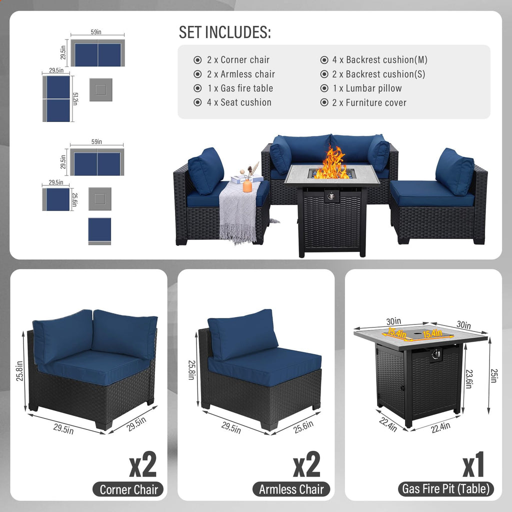 WAROOM Outdoor 5 Piece Patio Furniture Set, Black Rattan Conversation Couch Resin Wicker Sectional Sofa Outside Chair with Coffee Table, Grey Cushion