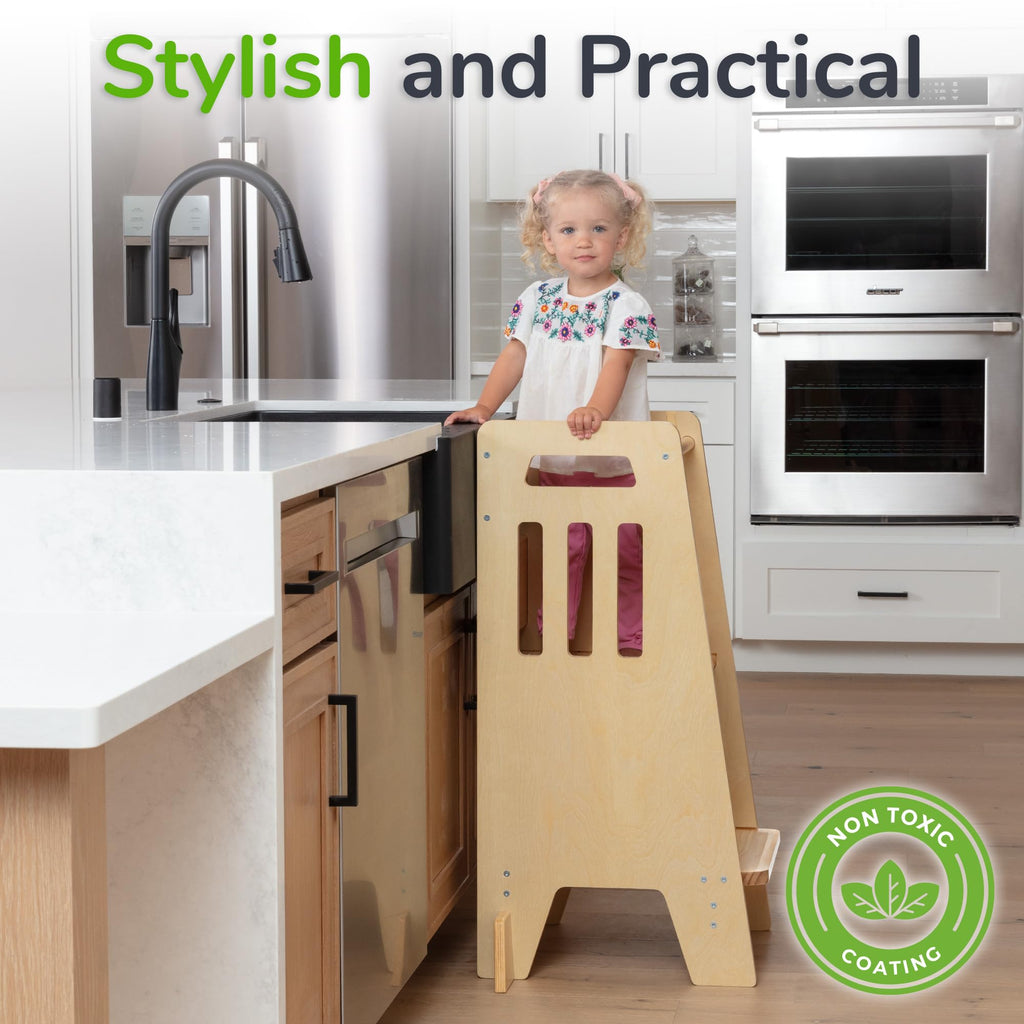 OCODILE Toddler Tower with a Sliding Door and 3 Adjustable Heights - Safe Toddler Kitchen Step Helper with Support Feet - Updated Design for 18+ Months to 6-Year-Old Kids - Gray