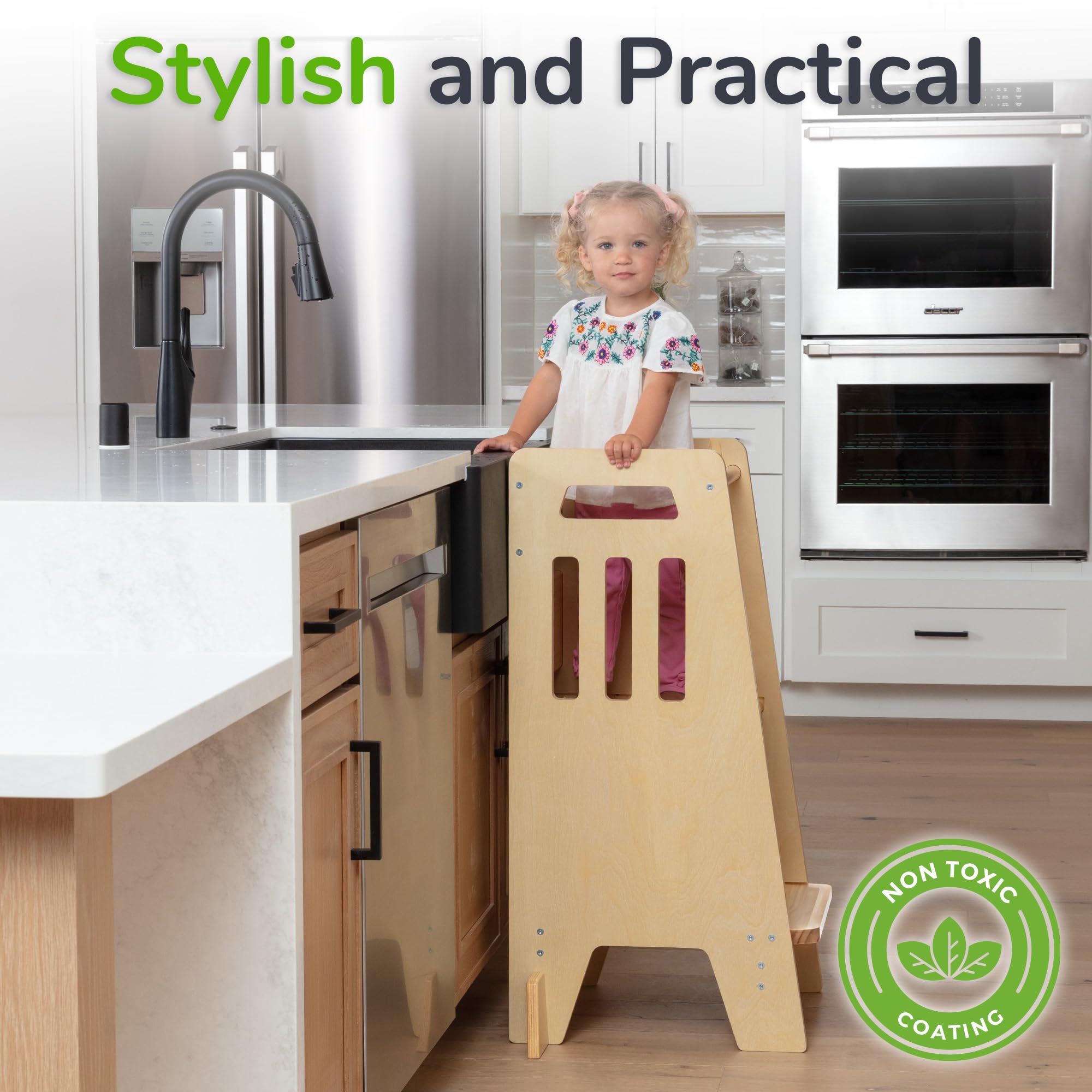 OCODILE Toddler Tower with a Sliding Door and 3 Adjustable Heights - Safe Toddler Kitchen Step Helper with Support Feet - Updated Design for 18+ Months to 6-Year-Old Kids - Gray