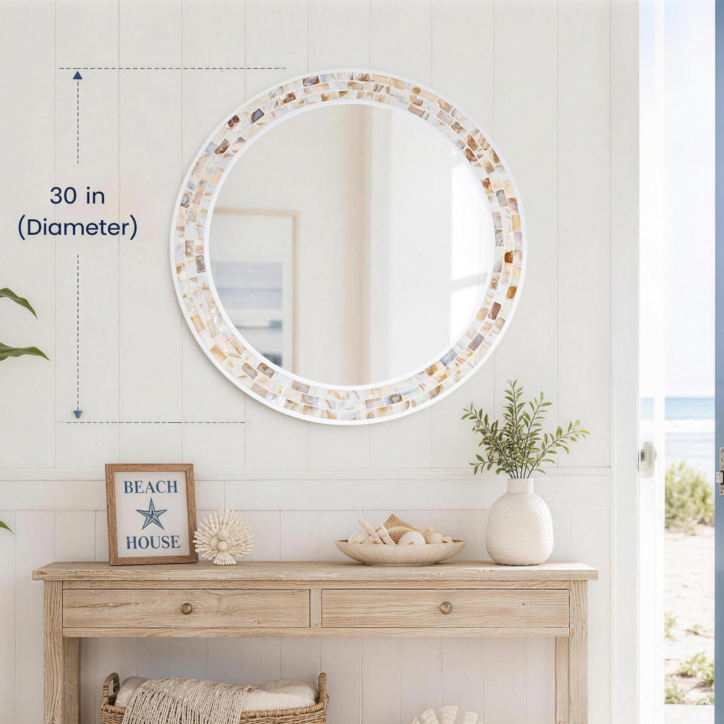 Tanmicoshomy Round Wall Mirror 24 Inch,Circle Mosaic Mirror with Natural Mother of Pearl and Wood Frame, Decorative Coastal Round Wall Mirror for Bathroom Bedroom Living Room Entryway