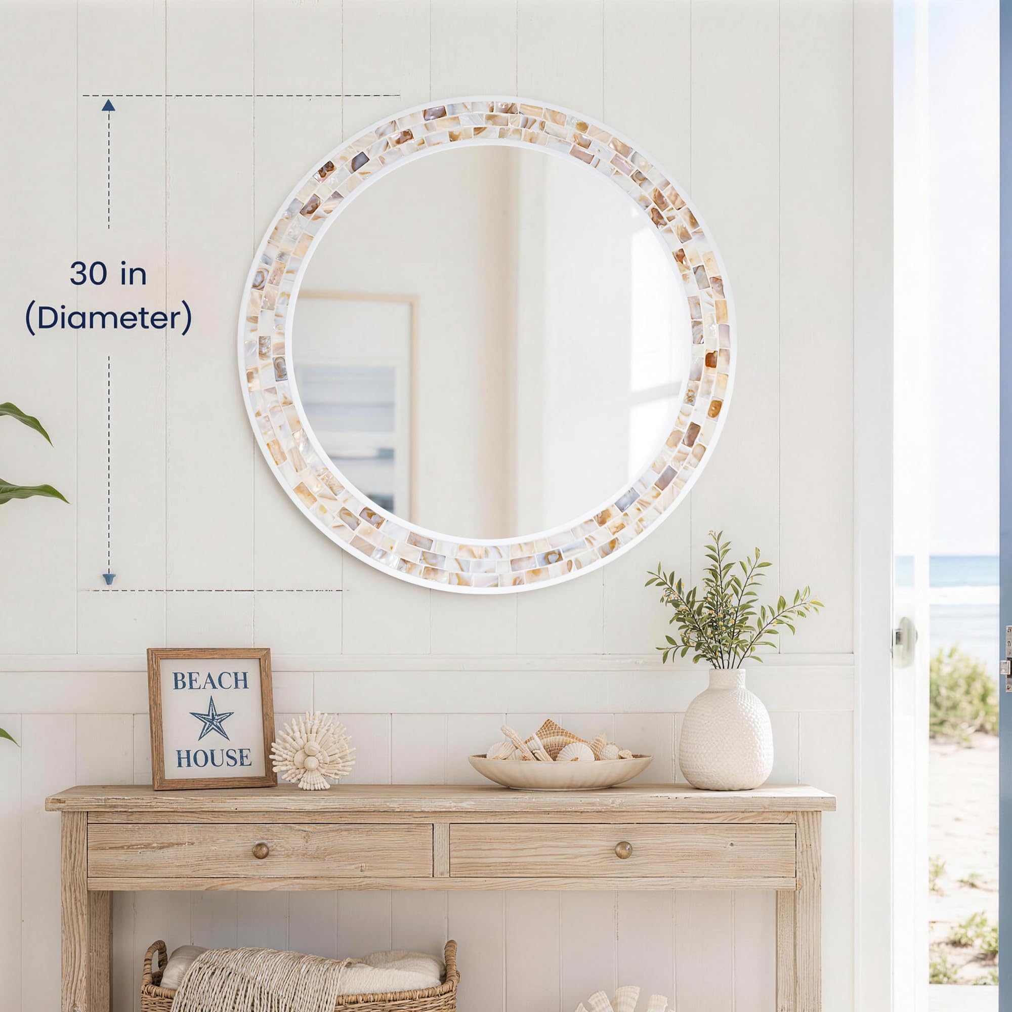 Tanmicoshomy Round Wall Mirror 24 Inch,Circle Mosaic Mirror with Natural Mother of Pearl and Wood Frame, Decorative Coastal Round Wall Mirror for Bathroom Bedroom Living Room Entryway