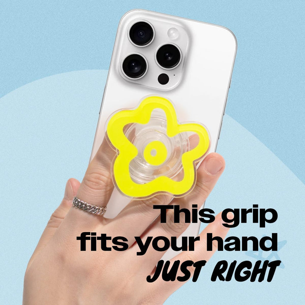 OnTheGrip Cute Transparent Daisy Flower Shape Design Mobile Phone Grip Multi Functional Collapsible Stand Holder for Smartphone Tablet Cell Phone Accessory (Black)