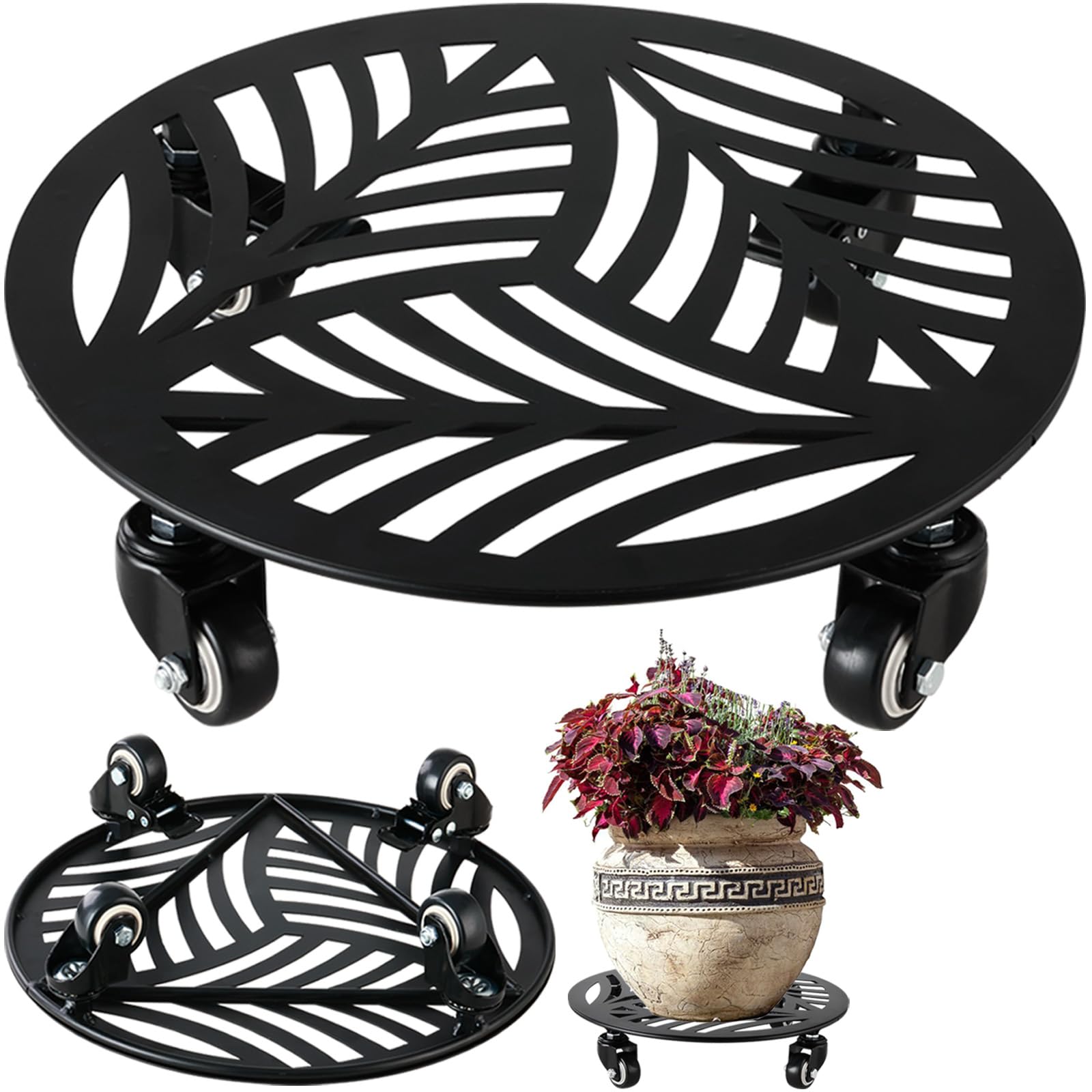 1 Pack 12 inches Large Metal Plant Caddy with 3 PU Metal Wheels Rolling Plant Stand with Casters Indoor Outdoor Wheeled Planter Roller Base Pot Movers Plant Dolly Coaster Trolley Black
