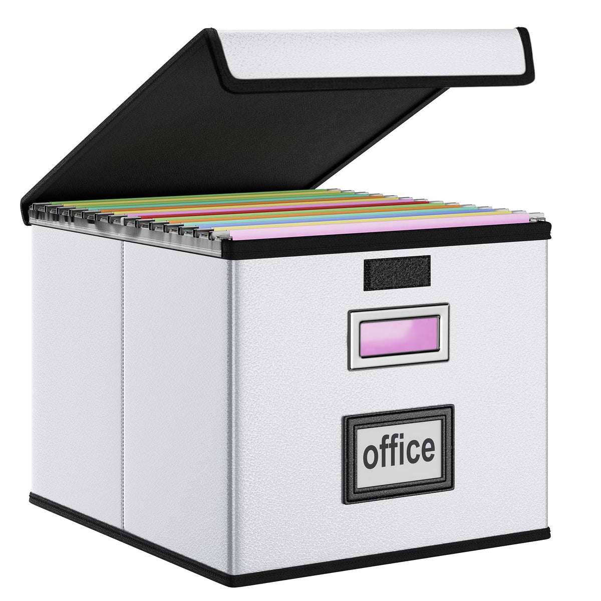 File Organizer Box with Lid, Collapsible Faux Leather Hanging File Folder Box Organizer with Plastic Slides, Decorative Home/Office Filing System Boxes for File and Folders Storage