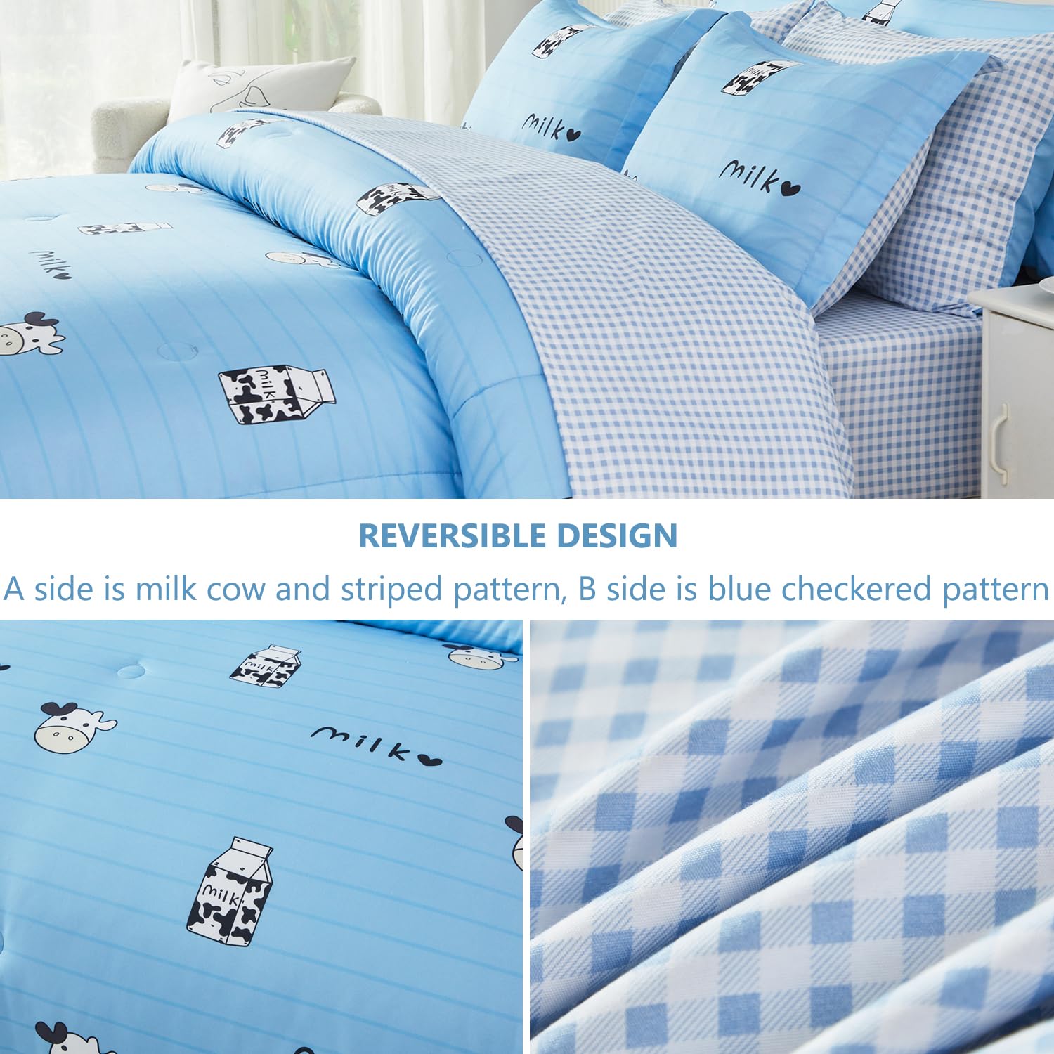 SUCSES Full Size Comforter Set with Sheets 8 Piece Cow Print Bedding Set for Boys Girls Black and White Kids Bed-in-A-Bag Farmhouse Rustic Bed Set for Bedroom (Milk Cow, Full)