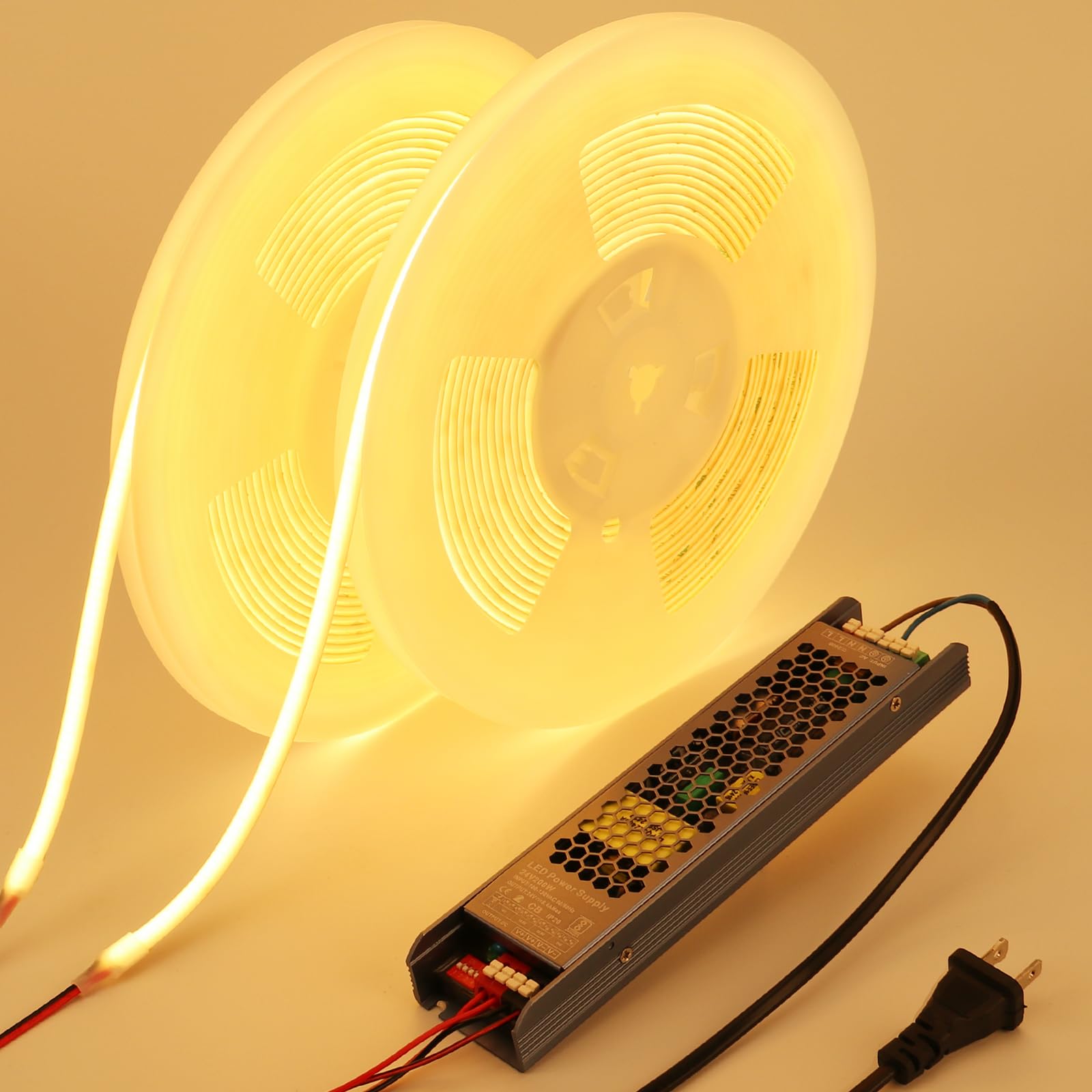 BENLUN 24V COB LED Strip Light 65.6ft (2 Rolls of 32.8ft) Kit, 3000K Warm White Cuttable 11W/M 312LEDs/M CRI 93 LED Tape Lights with Power Supply for Bedroom Kitchen Living Room Ceiling