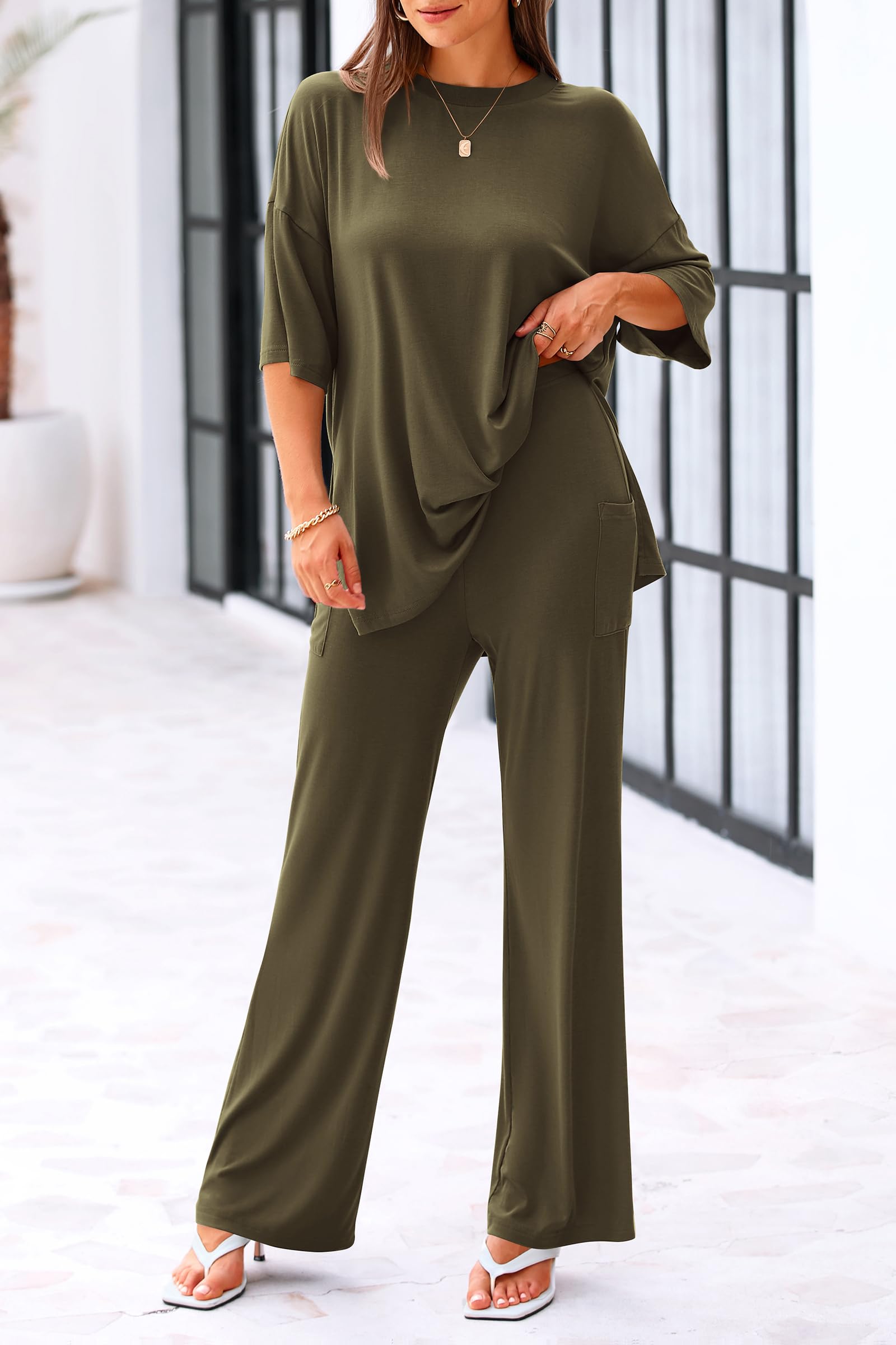 KIRUNDO 2 Piece Lounge Sets for Women Airport Travel Vacation Outfits Summer Casual Loose Short Sleeve Tops & Wide Leg Pants