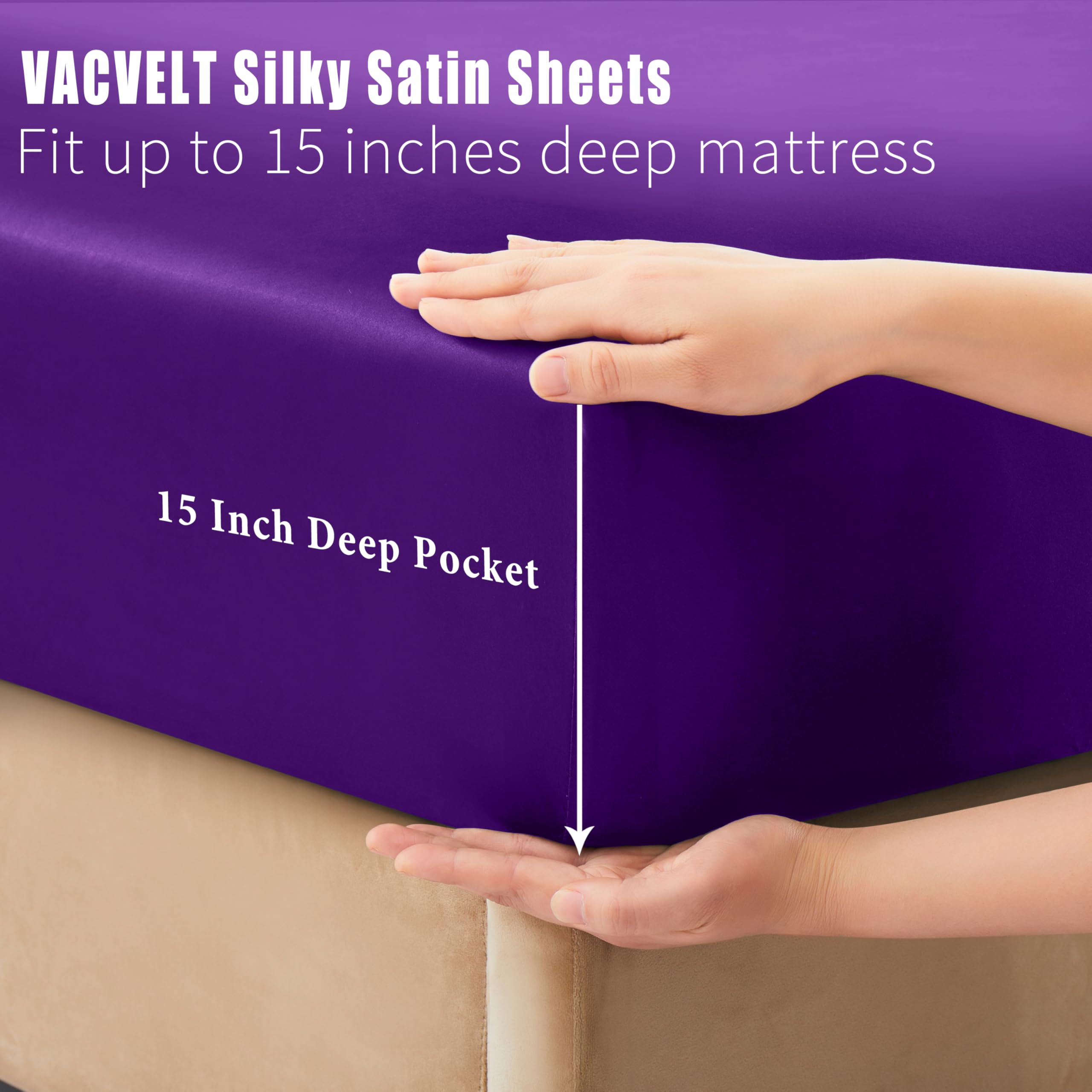 VACVELT 3pcs Beige Satin Sheets Twin Size Bed Set, 15 Inch Deep Pocket Silky Satin Sheet Set, Soft Satin Bedding Set Cooling & Luxury Bed Sheets, 1 Fitted Sheet + 1 Flat Sheet + 1 Pillowcase