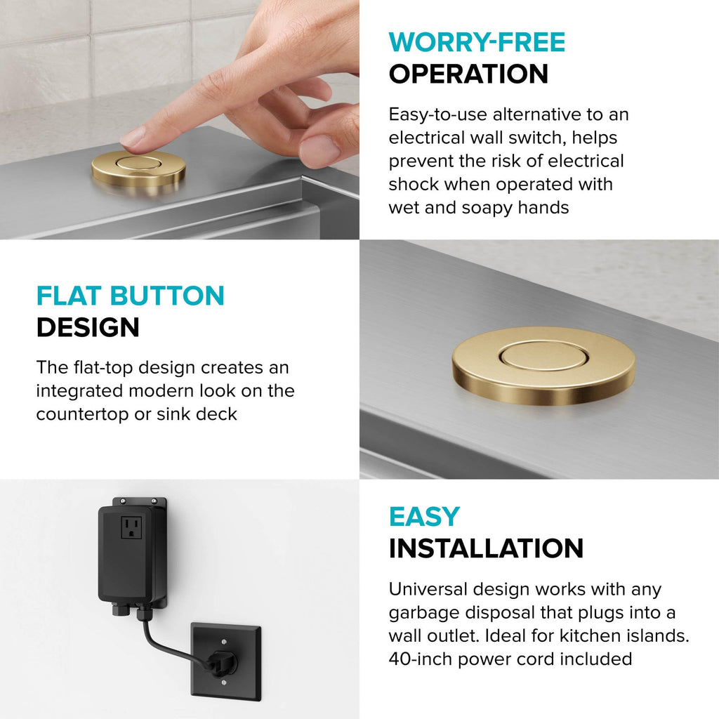 KRAUS Garbage Disposal Air Switch Kit with 2 Flat-Top Push Buttons in in Spot-Free Stainless Steel and Brushed Brass, AC Adapter, Power Cord, and Air Tube Included, KWDA-200BB