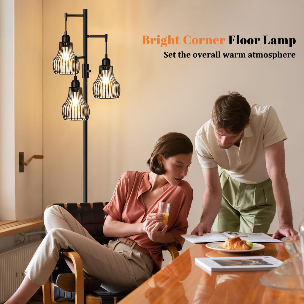 Ziisee Dimmable Floor Lamps for Living Room, Industrial Tree Standing Tall Lamps with 3 Elegant Cage Shade & 800 Lumens LED Bulbs for Bedroom Office - Brown