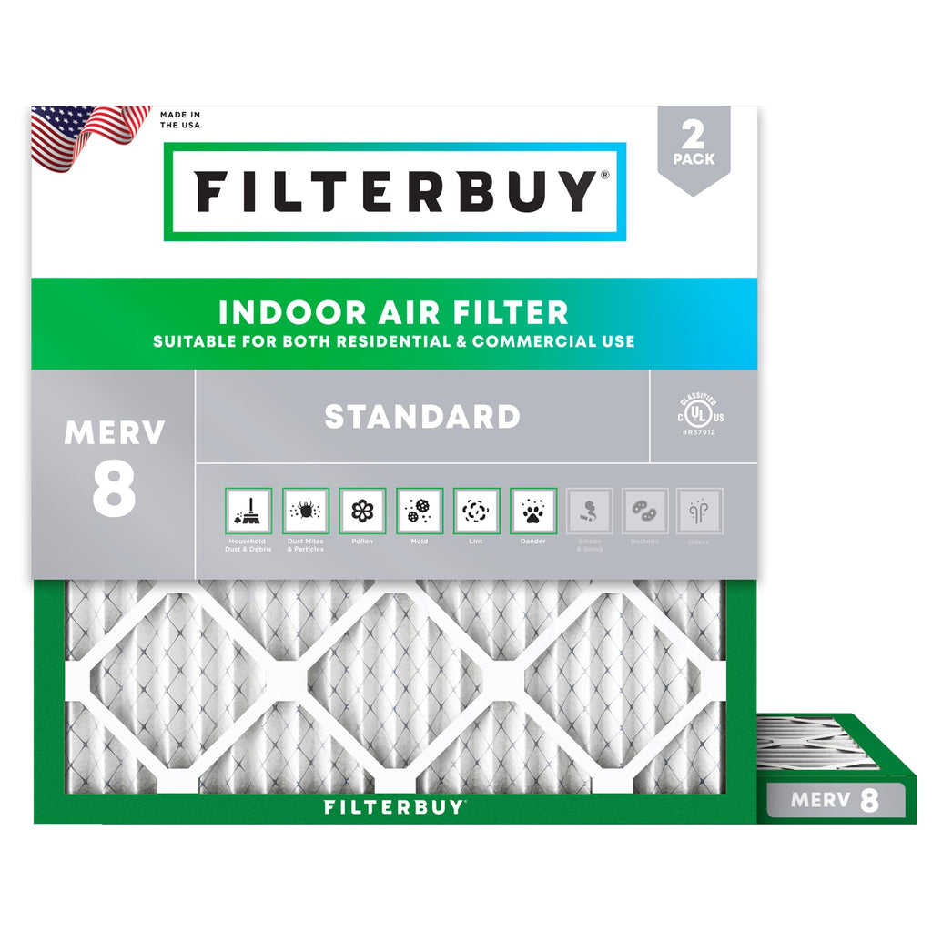 Filterbuy 8x14x1 Air Filter MERV 8 Essential Dust & Allergy Defense (2-Pack), Electrostatic Pleated HVAC AC Furnace Filters Replacement, Made in USA (Actual Size: 7.50 x 13.50 x 0.75)