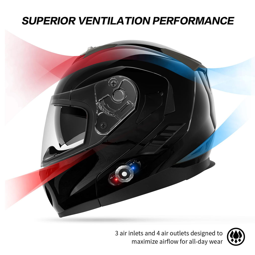 FreedConn BM2-S Bluetooth Motorcycle Helmet, Flip-Up Modular Motorbike Helmet, 500M Connectivity for 2-3 Riders, Voice Dial, Hands-Free Call, MP3, FM, DOT Certified (Medium, Gloss Black)