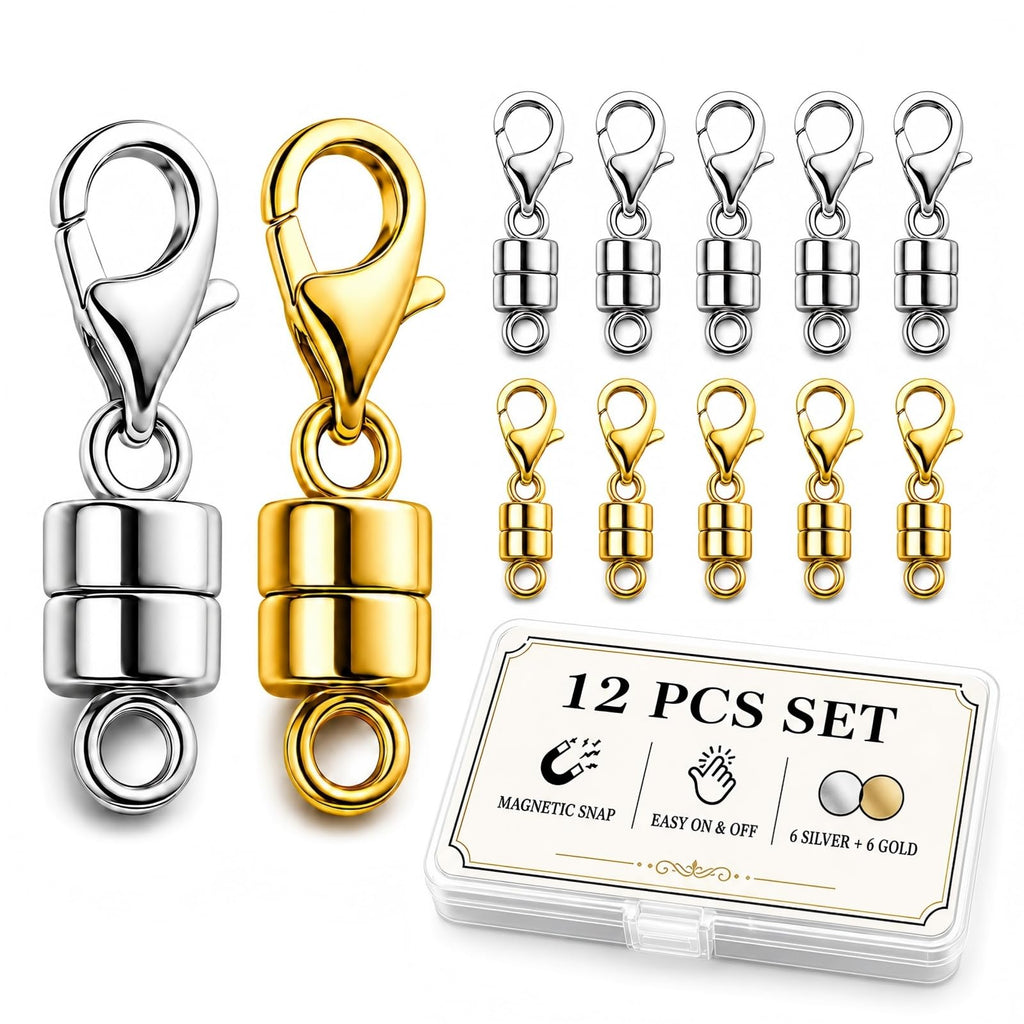 12 Pack Magnetic Necklace Clasps and Closures. Necklace Jewelry Extender with Strong Magnet. for Jewelry Necklace Bracelet Making. Gold and Silver Plating (12Pcs | Gold Cylinder)
